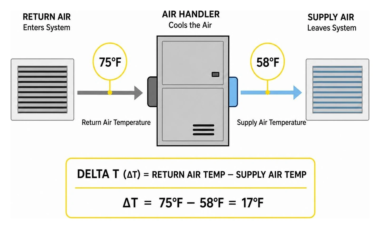 Diagram showing Delta T temperature split measurement across return and supply vents Diagram showing Delta T temperature split measurement across return and supply vents