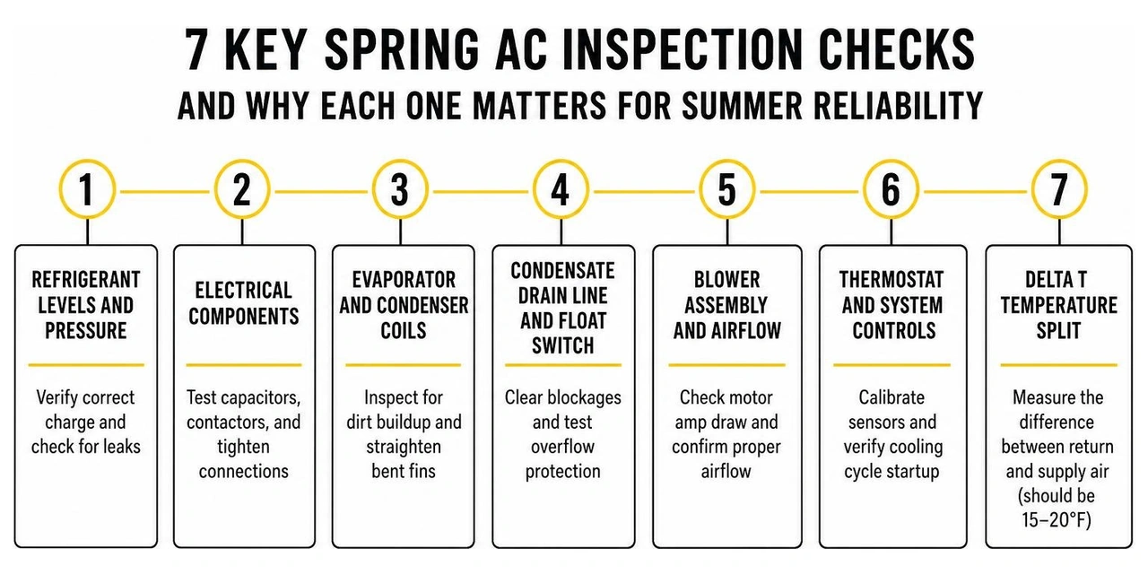 Infographic showing 7 key spring AC inspection checks and why each one matters for summer reliability Infographic showing 7 key spring AC inspection checks and why each one matters for summer reliability