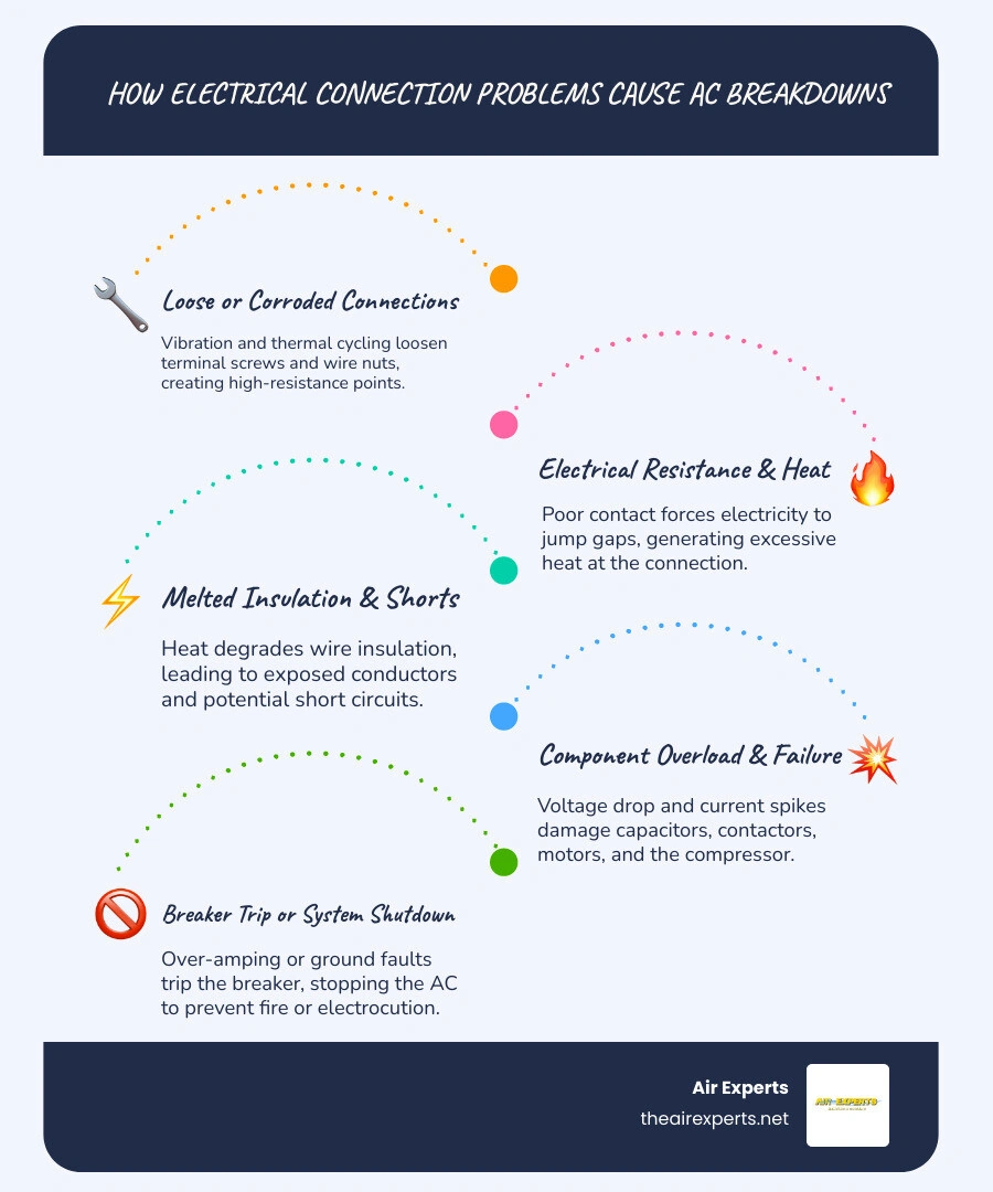 Infographic showing loose wires, corrosion, capacitor failure, and breaker trips causing AC breakdowns infographic Infographic showing loose wires, corrosion, capacitor failure, and breaker trips causing AC breakdowns infographic