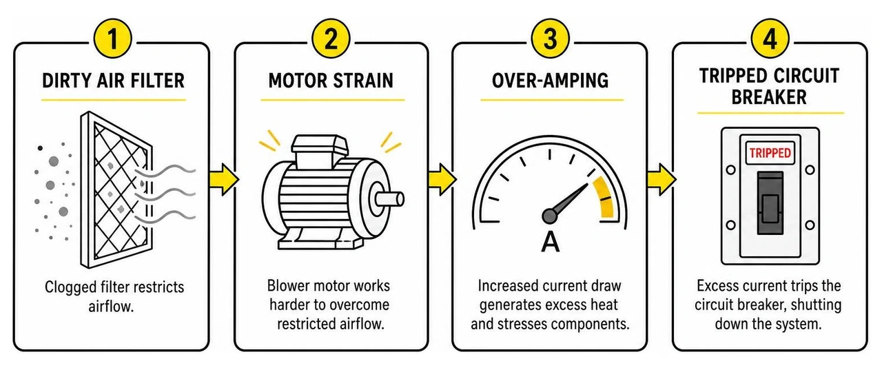 Diagram showing how a dirty air filter leads to motor strain, over-amping, and tripped circuit breakers Diagram showing how a dirty air filter leads to motor strain, over-amping, and tripped circuit breakers