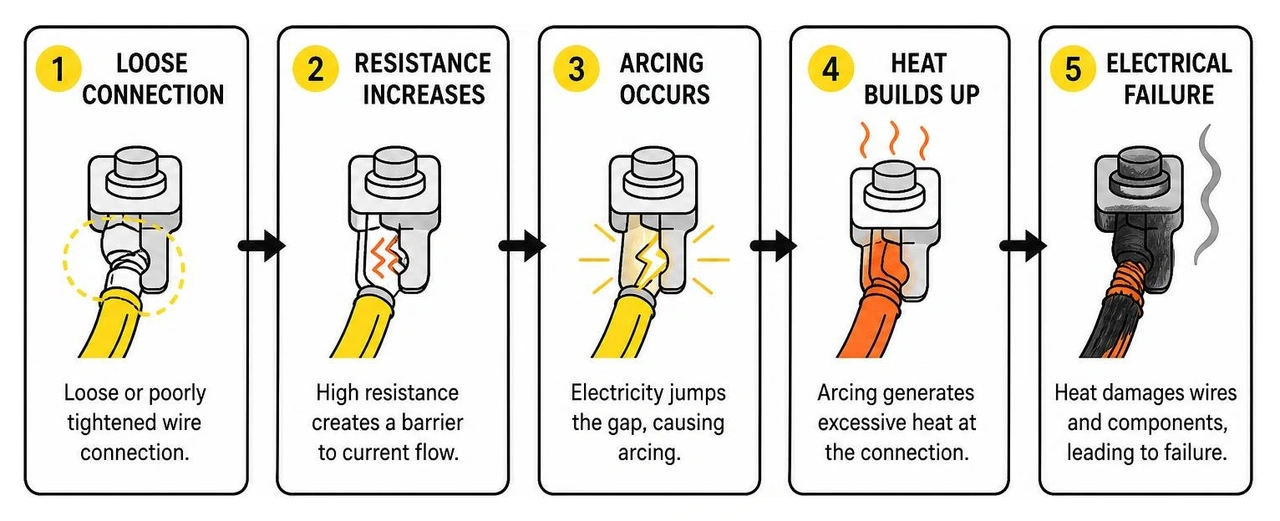 Diagram showing how loose wires create resistance, arcing, heat buildup, and electrical failure Diagram showing how loose wires create resistance, arcing, heat buildup, and electrical failure