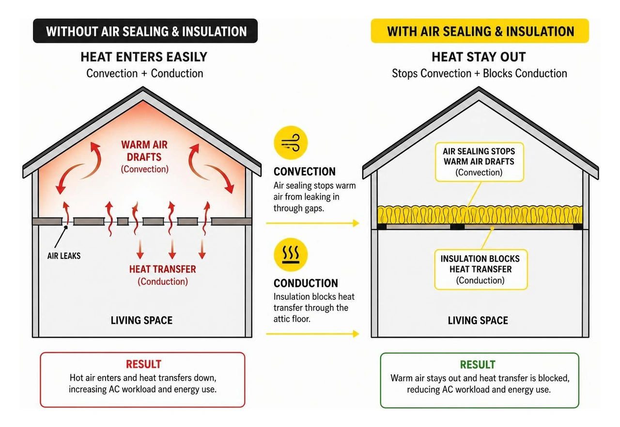 Diagram showing how air sealing stops warm air drafts (convection) and insulation blocks heat transfer (conduction) through Diagram showing how air sealing stops warm air drafts (convection) and insulation blocks heat transfer (conduction) through