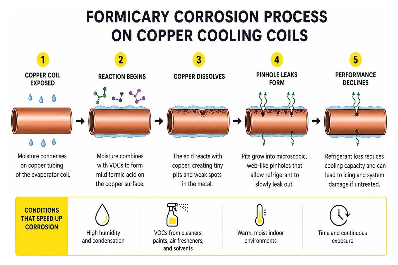 Formicary corrosion process on copper cooling coils