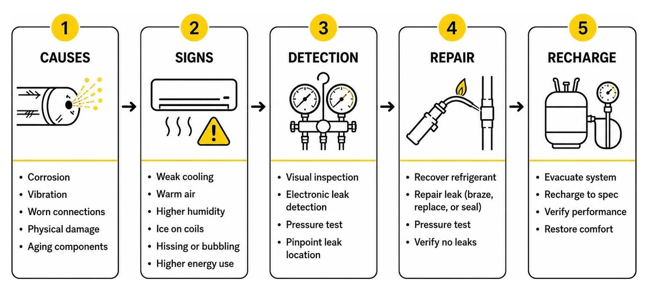 Infographic showing refrigerant leak causes signs detection repair and recharge