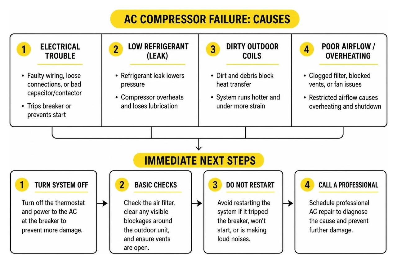 AC compressor failure causes and immediate next steps AC compressor failure causes and immediate next steps