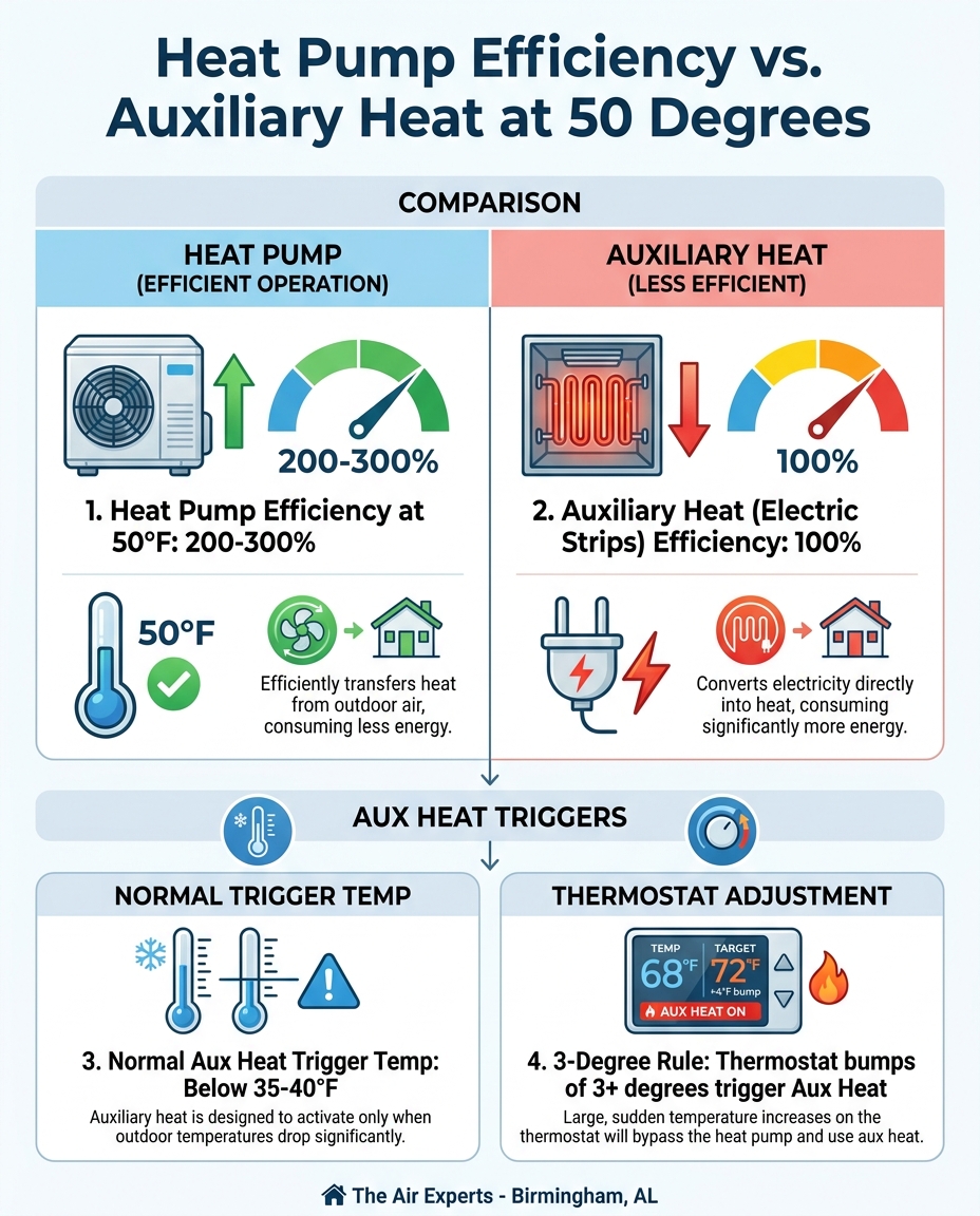 Heat Pump Efficiency vs. Auxiliary Heat at 50 Degrees