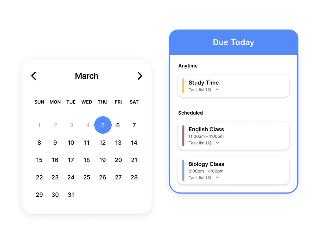 An app interface featuring a Calendar and a Due task list.
