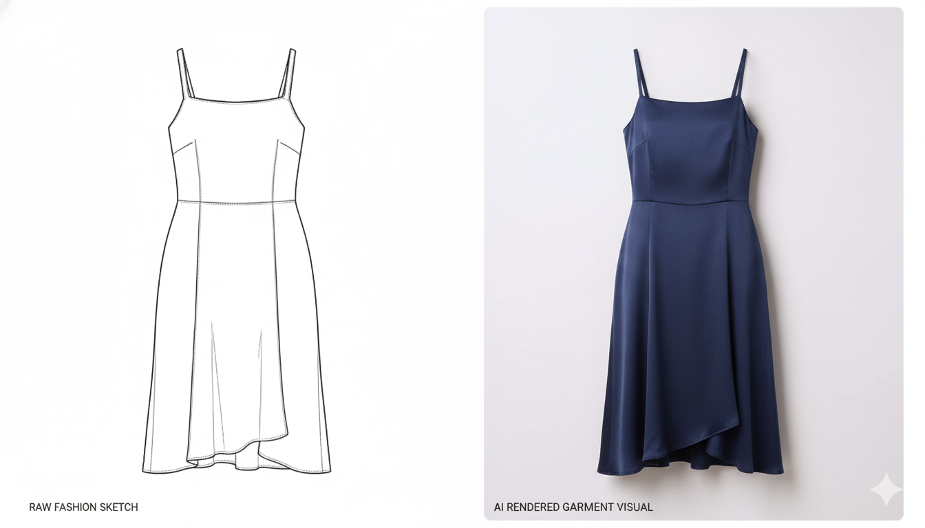 This image shows how AI helps fashion brands turn raw sketches into fully rendered fashion visuals