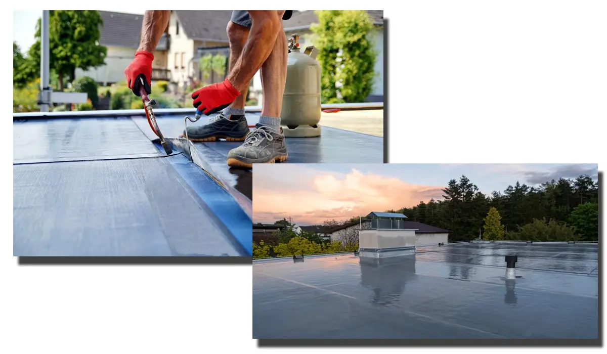 Man repairing roof and wearing gloves for roofing safety.