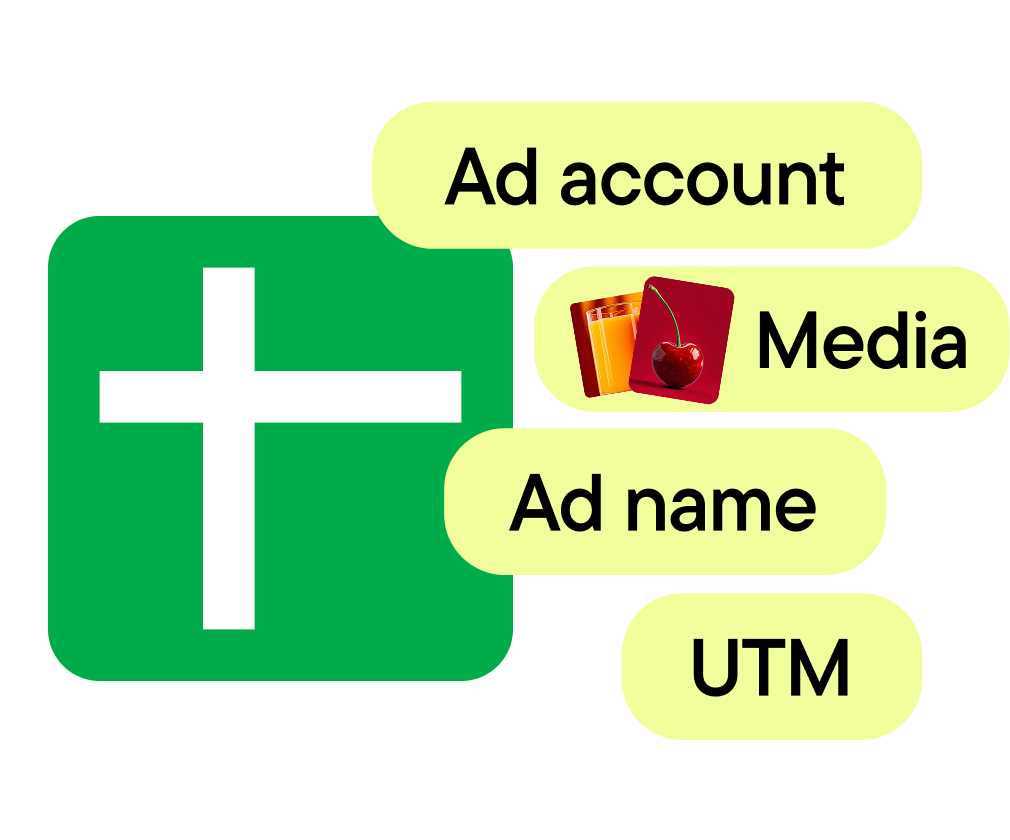 Google Sheets icon with per-row settings: ad account, media, ad name, UTM