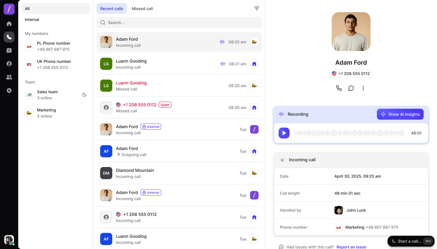 Phone HQ advantages: Privacy with Manage Access, Comfort with web application and mobile app, Global with international numbers
