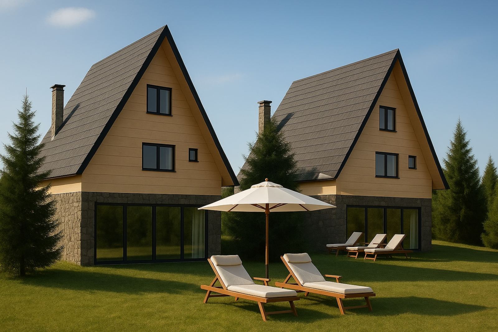 Two modern A-frame houses with large windows and stone bases, each with lounge chairs on the lawn and a large white umbrella between two chairs in the foreground.
