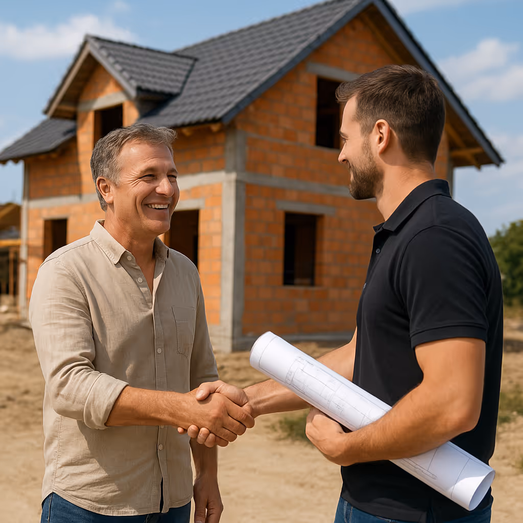 Two men shaking hands at a construction site, one holding rolled blueprints, with a partially built brick house in the background.