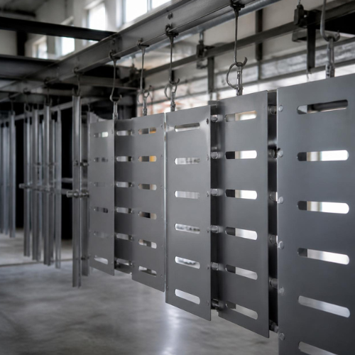 Verniciatura di lavorazioni metalliche in officina industriale