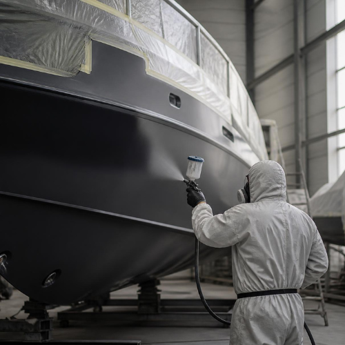Verniciatura dello scafo di un'imbarcazione in cantiere nautico