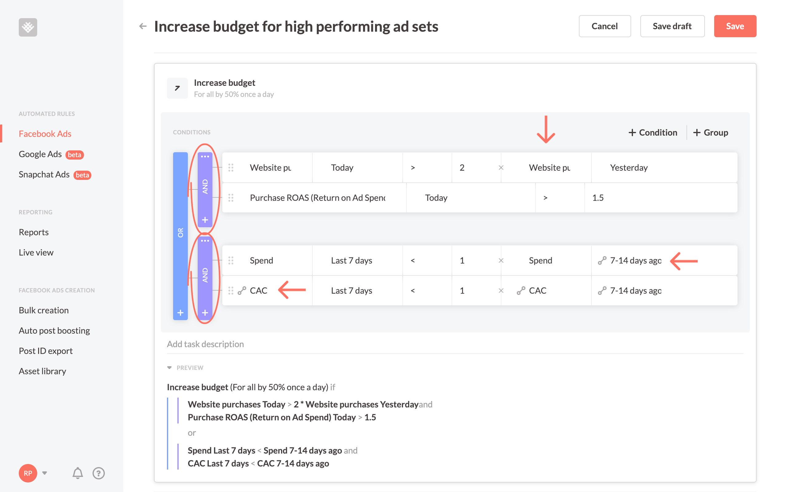 Revealbot complex condition statements