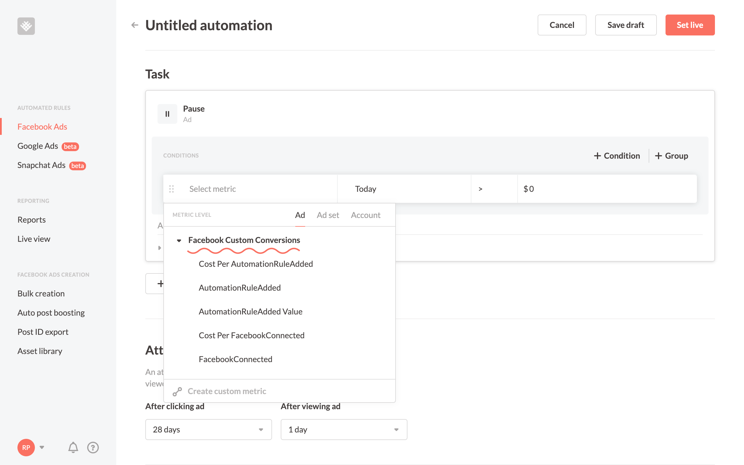 Use custom conversions in Revealbot automated rules