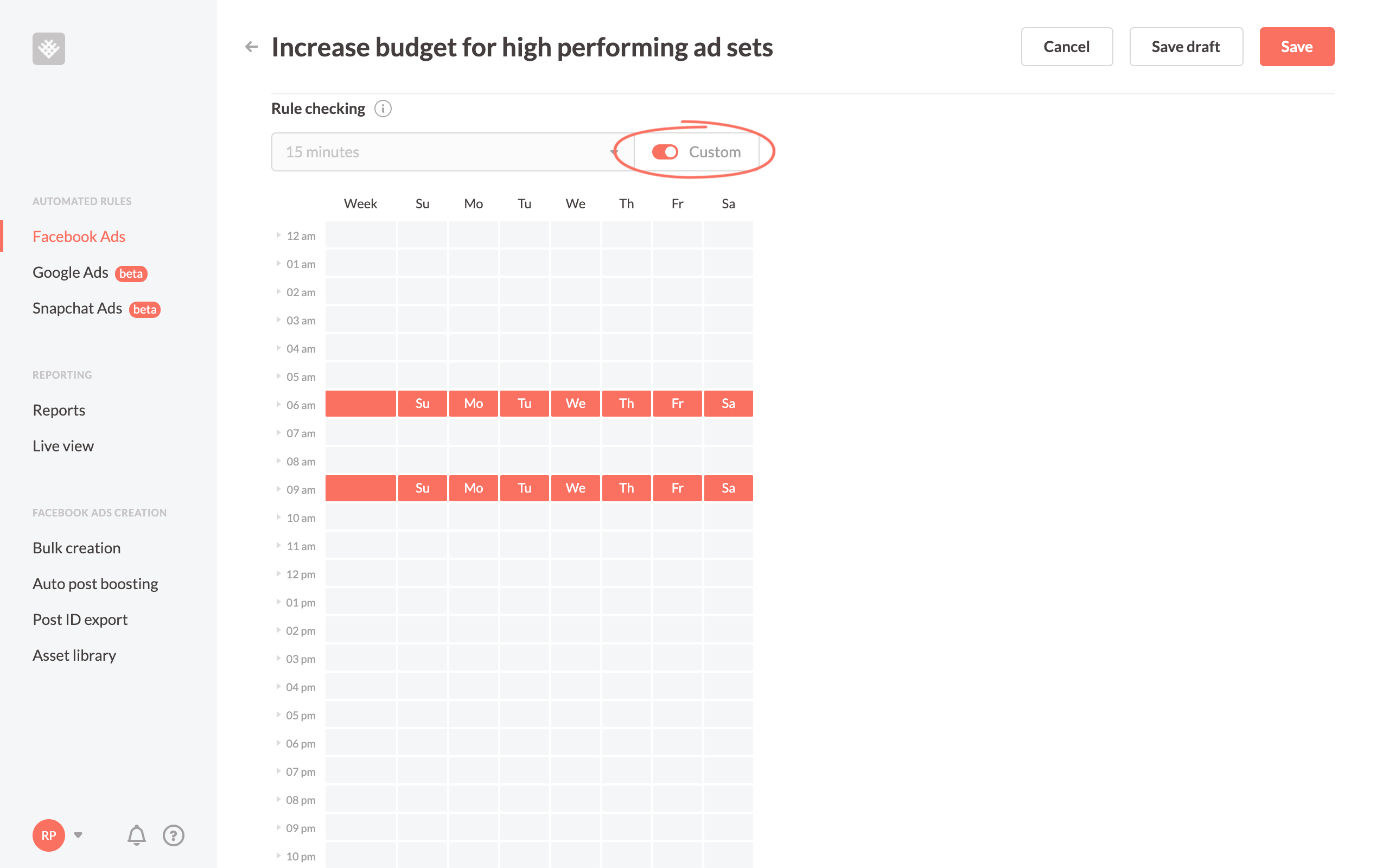 Revealbot automated rule custom schedule