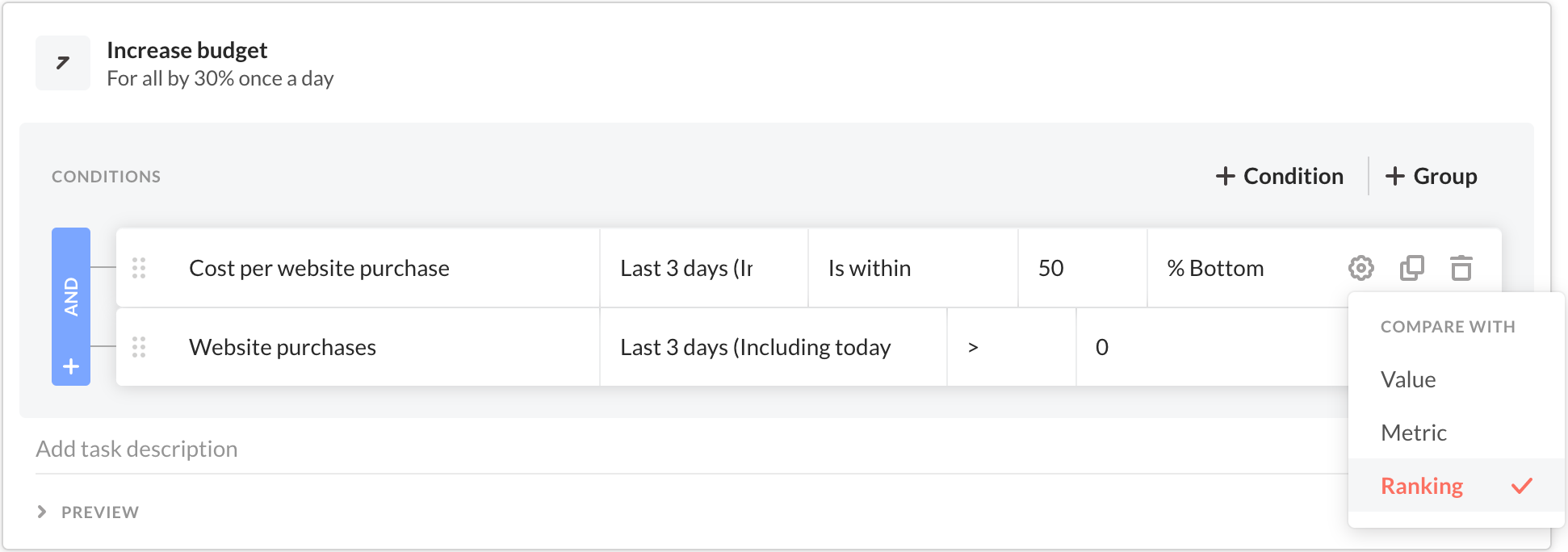 Example of Revealbot's ranking comparison condition