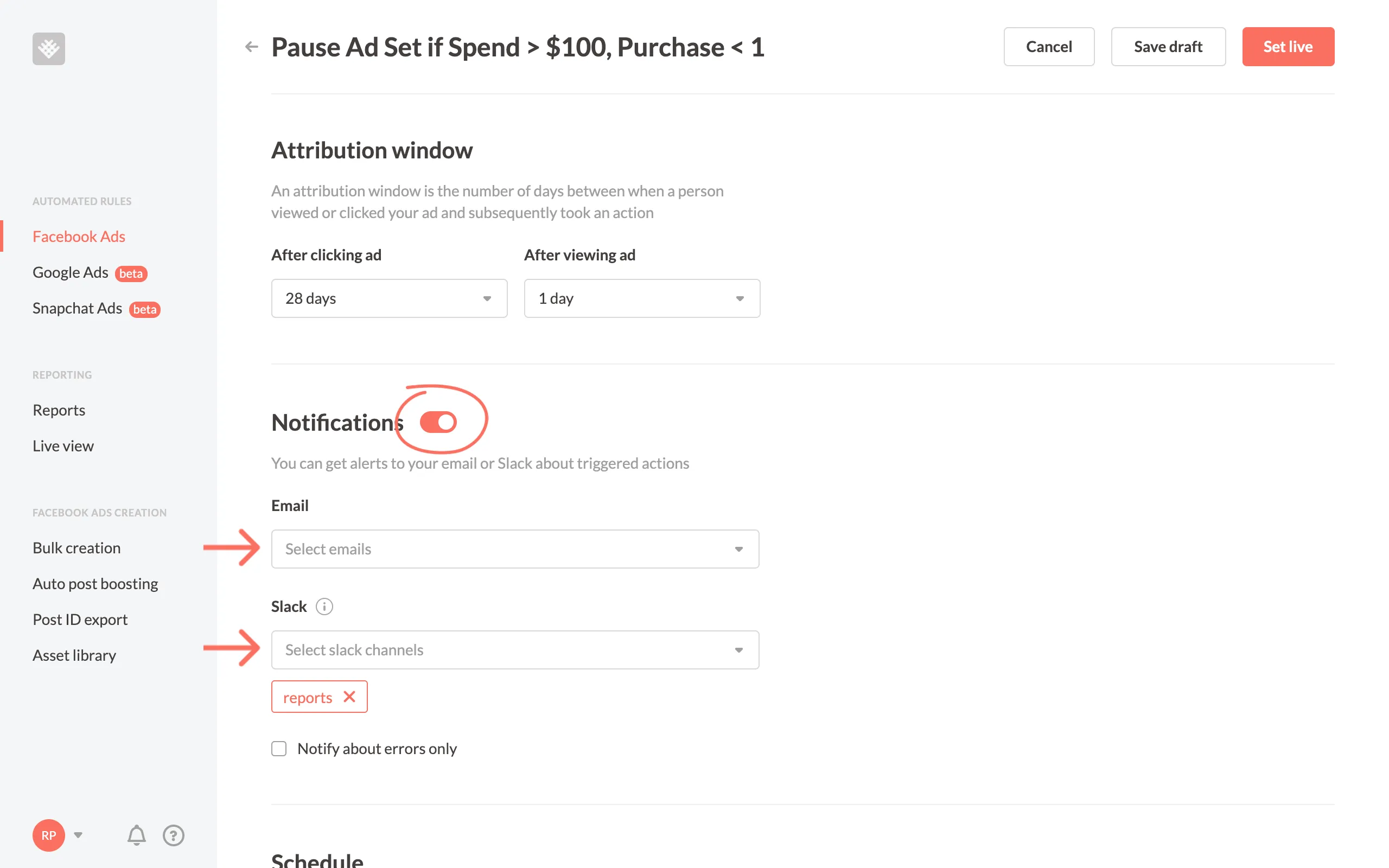 Revealbot notifications