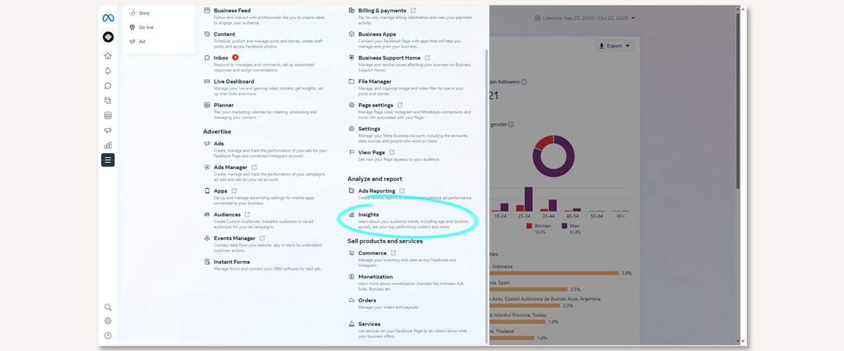 Click "Audience Insights" to get to Facebook Audience Insights