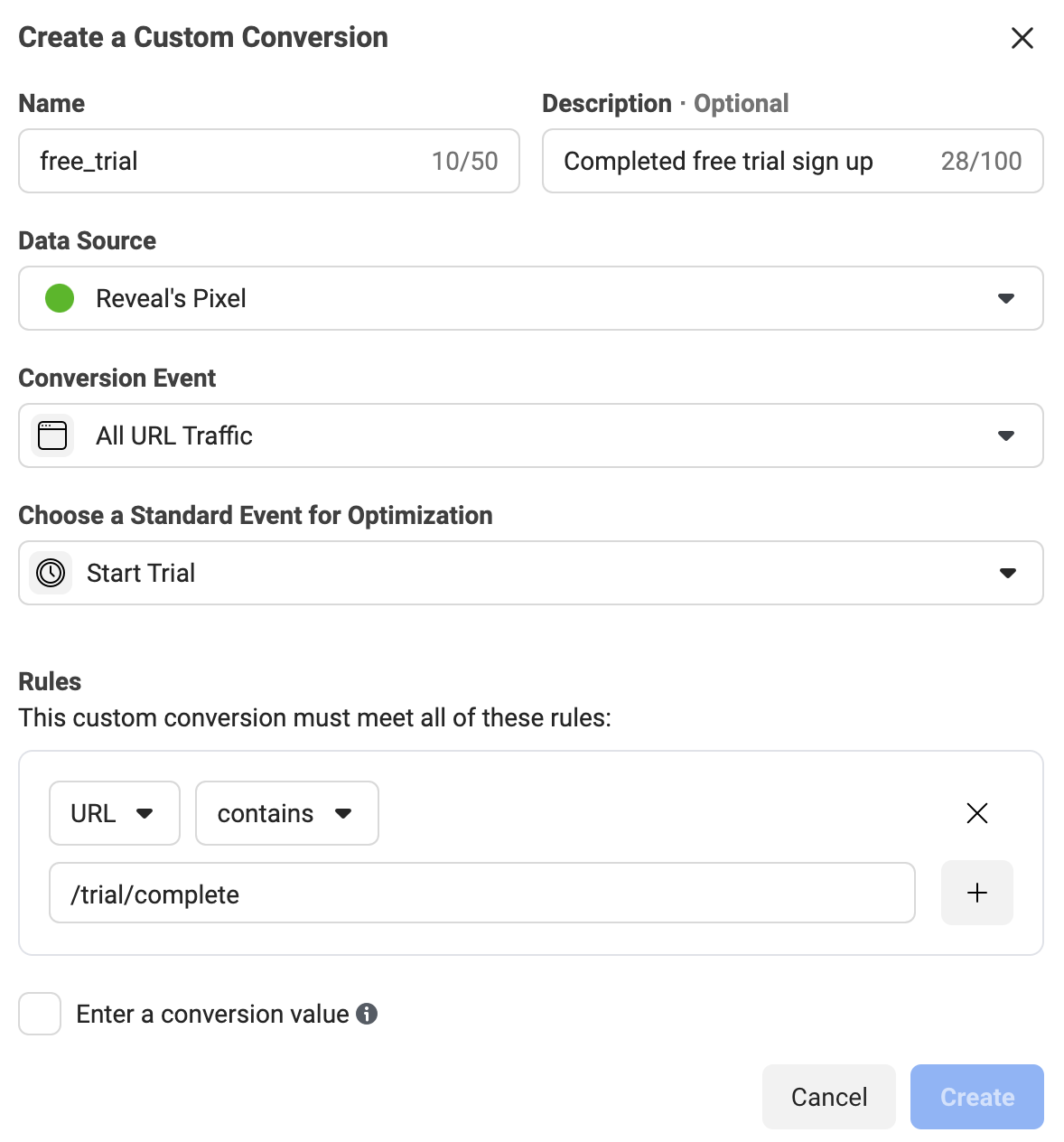 Facebook ads custom events - Creating a conversion