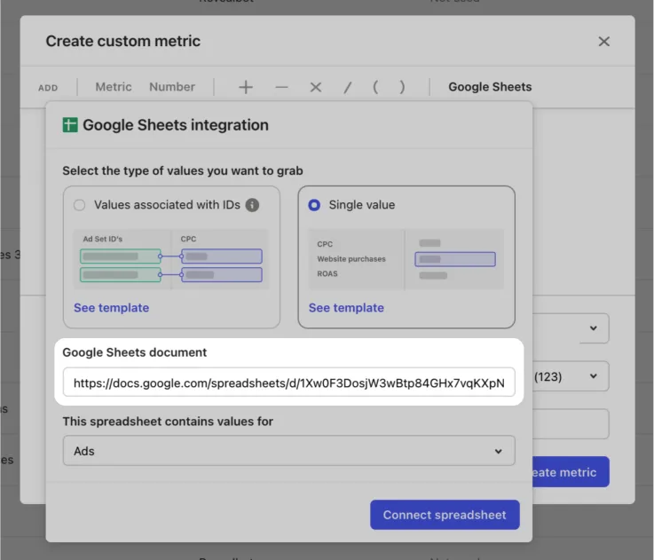 Adding the Google sheets link to the custom metrics integration inside Revealbot