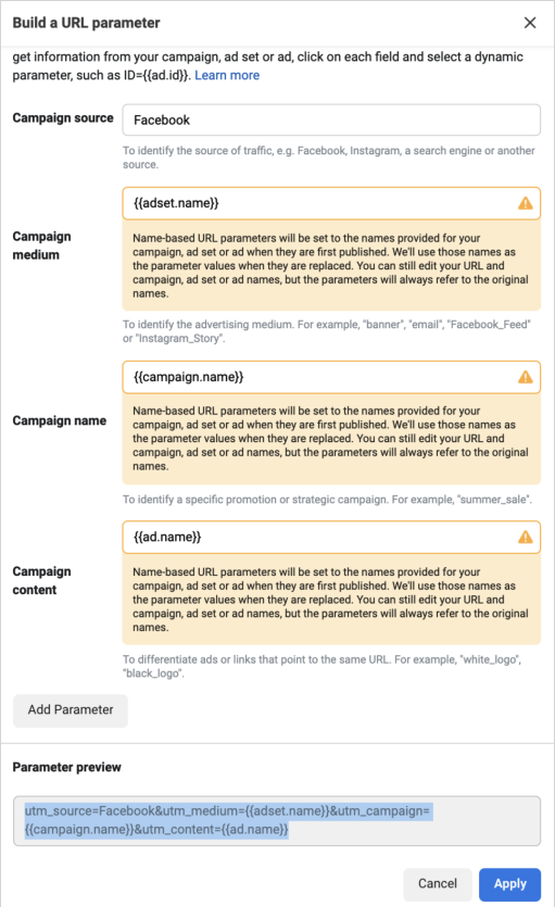 Facebook Ads Manager UTM settings page with macros filled in