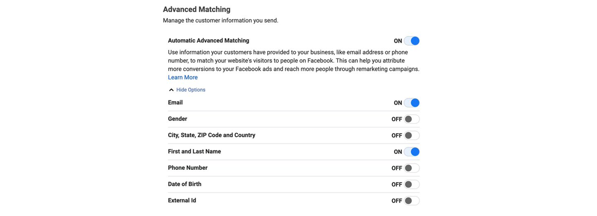 Automatic Advanced Matching - Facebook settings Shopify integration