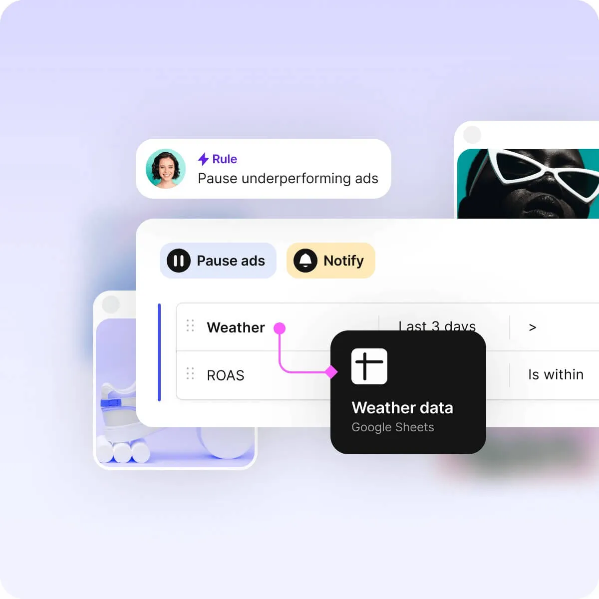 Hovering windows of the Revealbot Rule creation UI on a blurred background.