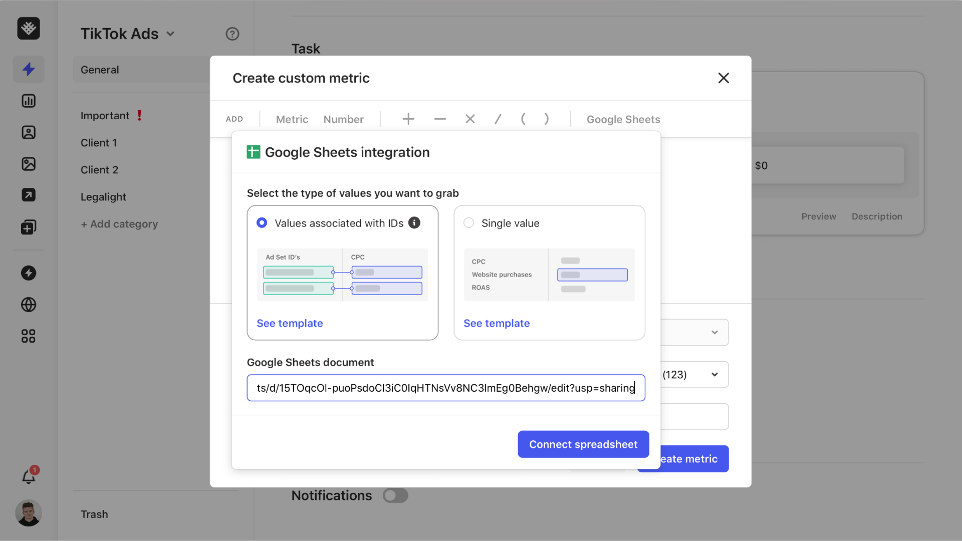 Adding a Google Sheets link for custom metrics in Revealbot