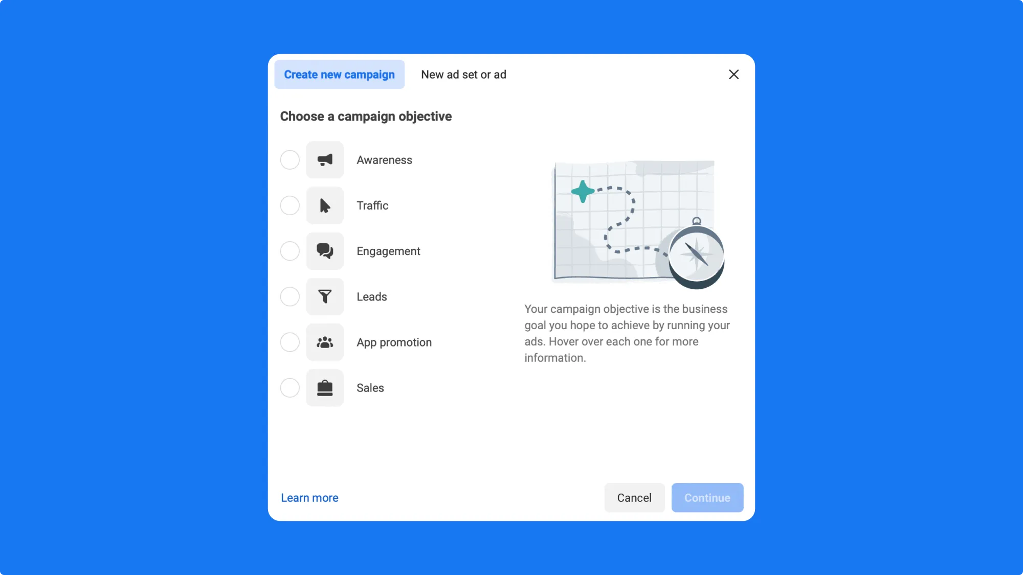 Facebook Ads campaign setup showing objective options