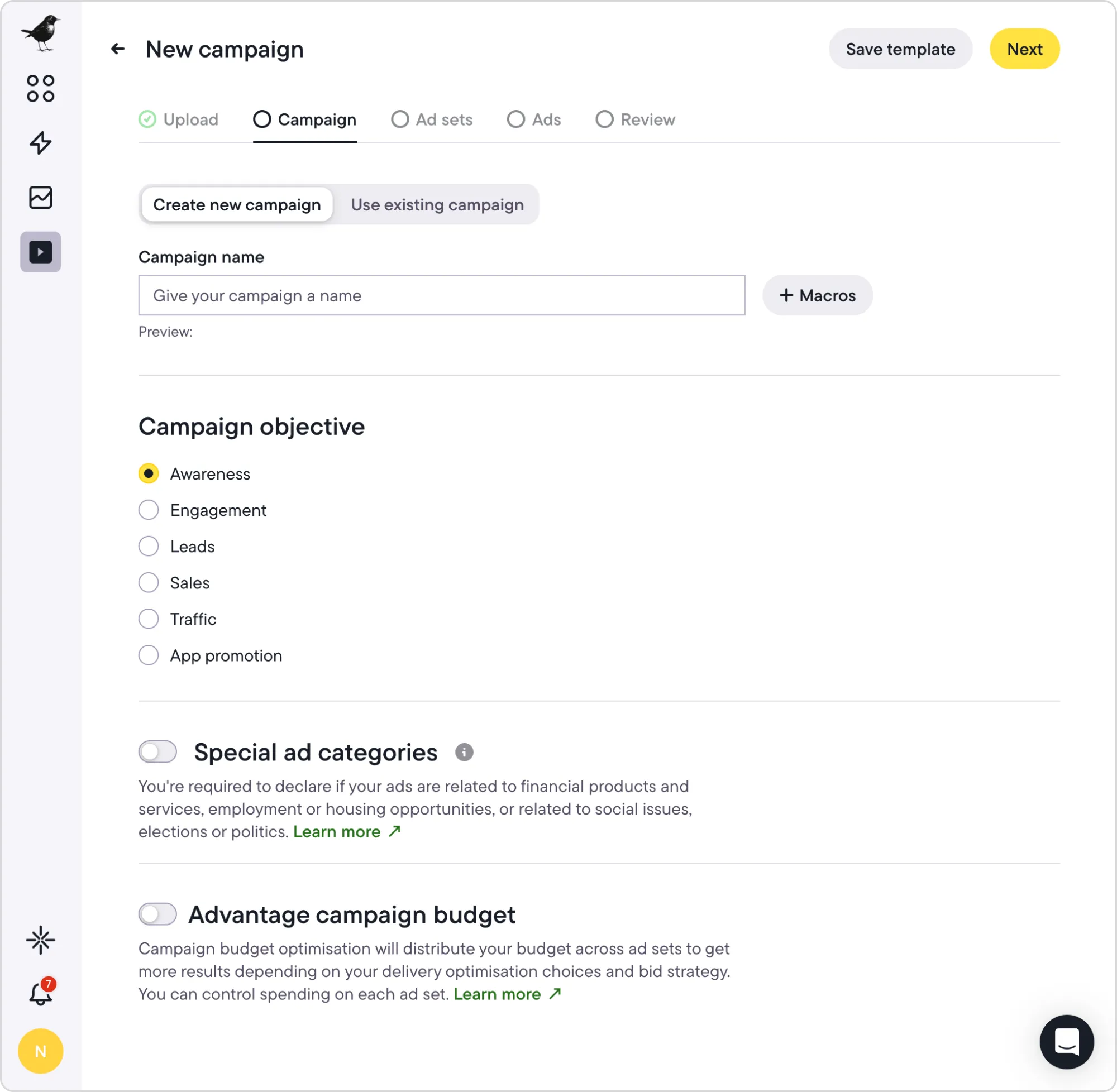 Dashboard view in Bïrch displaying ODAX Facebook ad objectives