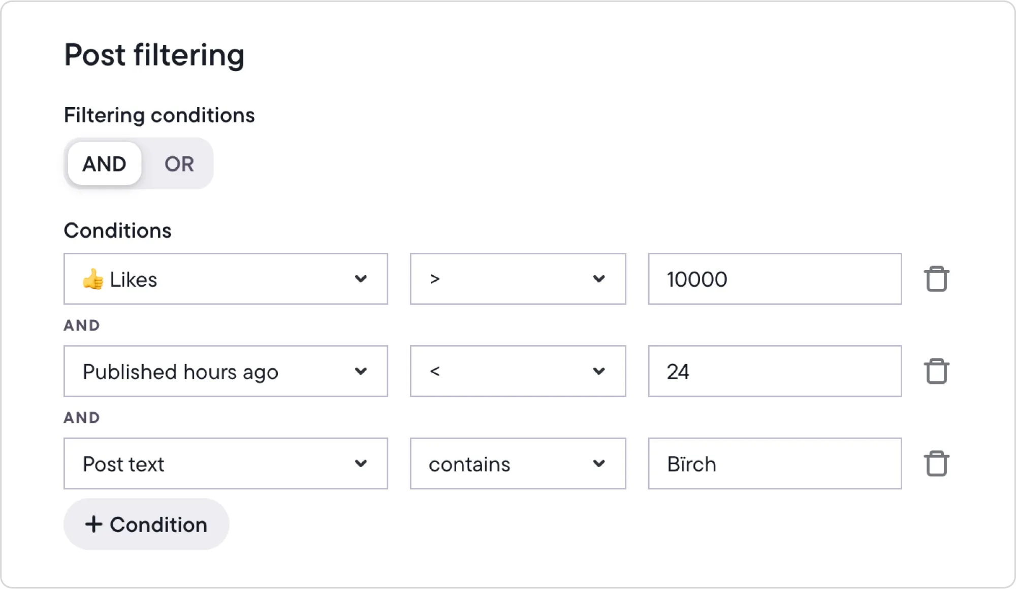 Bïrch auto-boost rule builder with metric dropdowns and AND/OR logic toggles