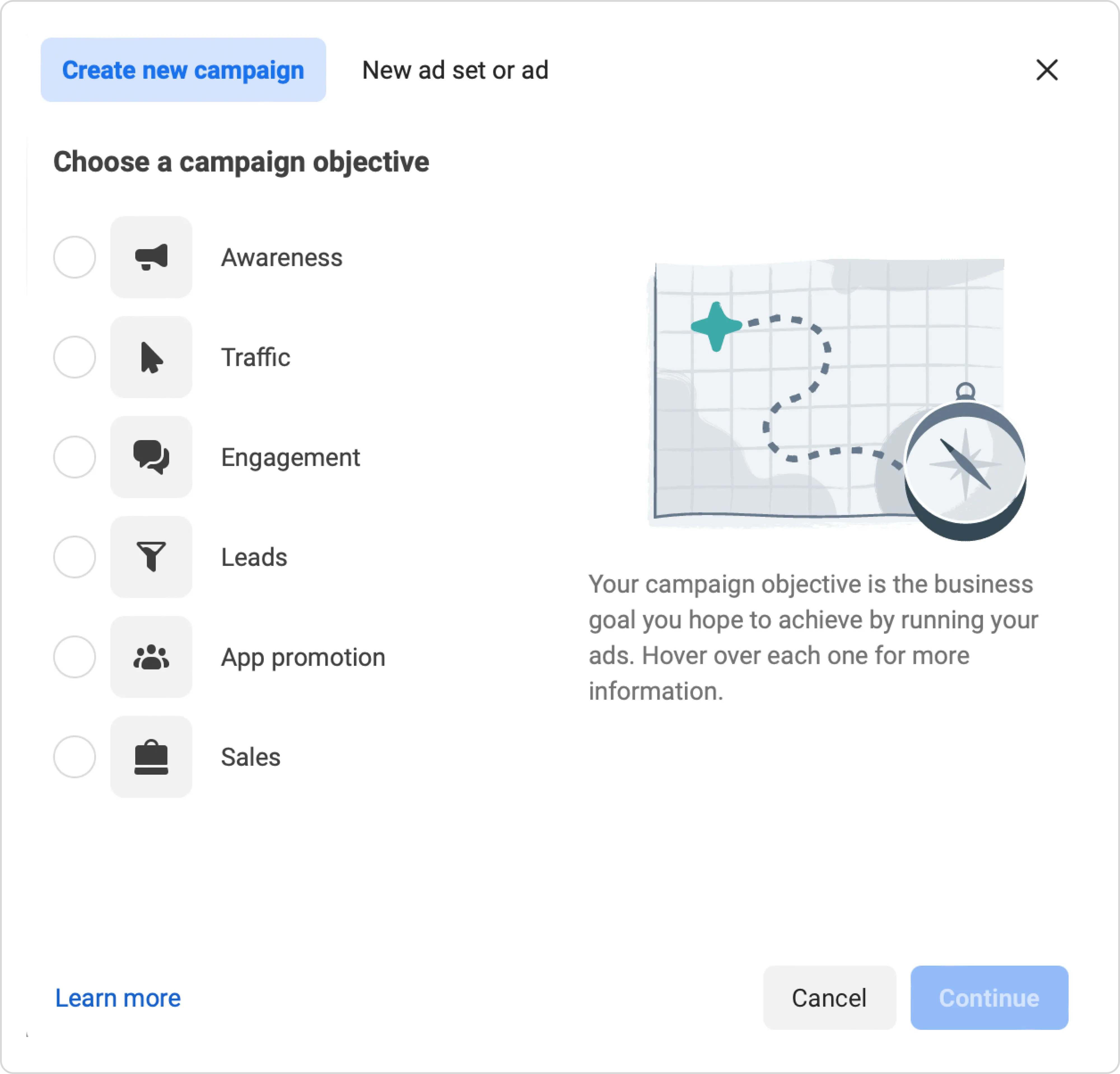 Facebook Ads campaign setup screen showing buying type as Auction and five campaign objectives
