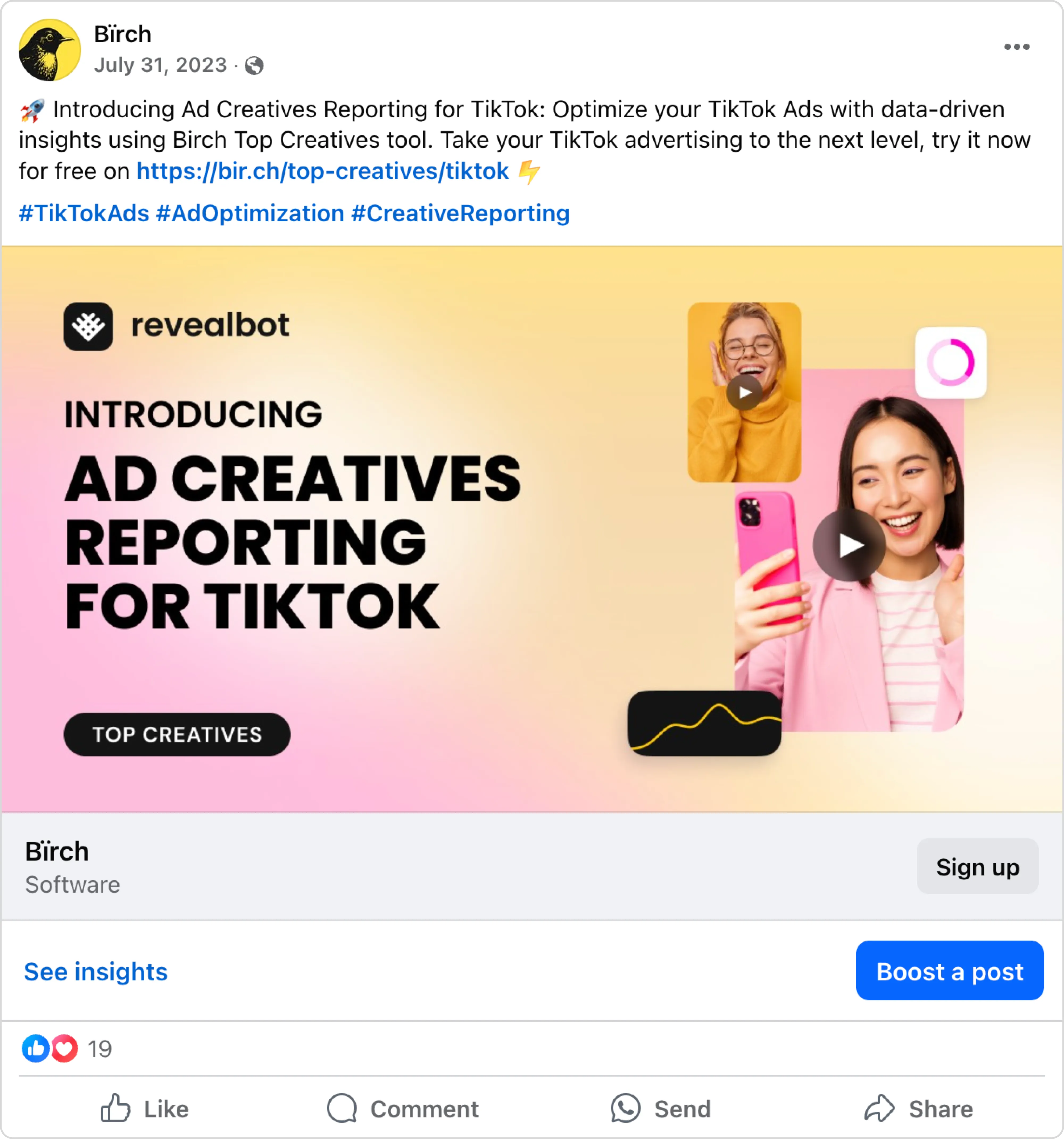 Facebook promoted post from Bïrch, featuring TikTok ad creative reporting, with a Boost Post button offering paid post promotion.