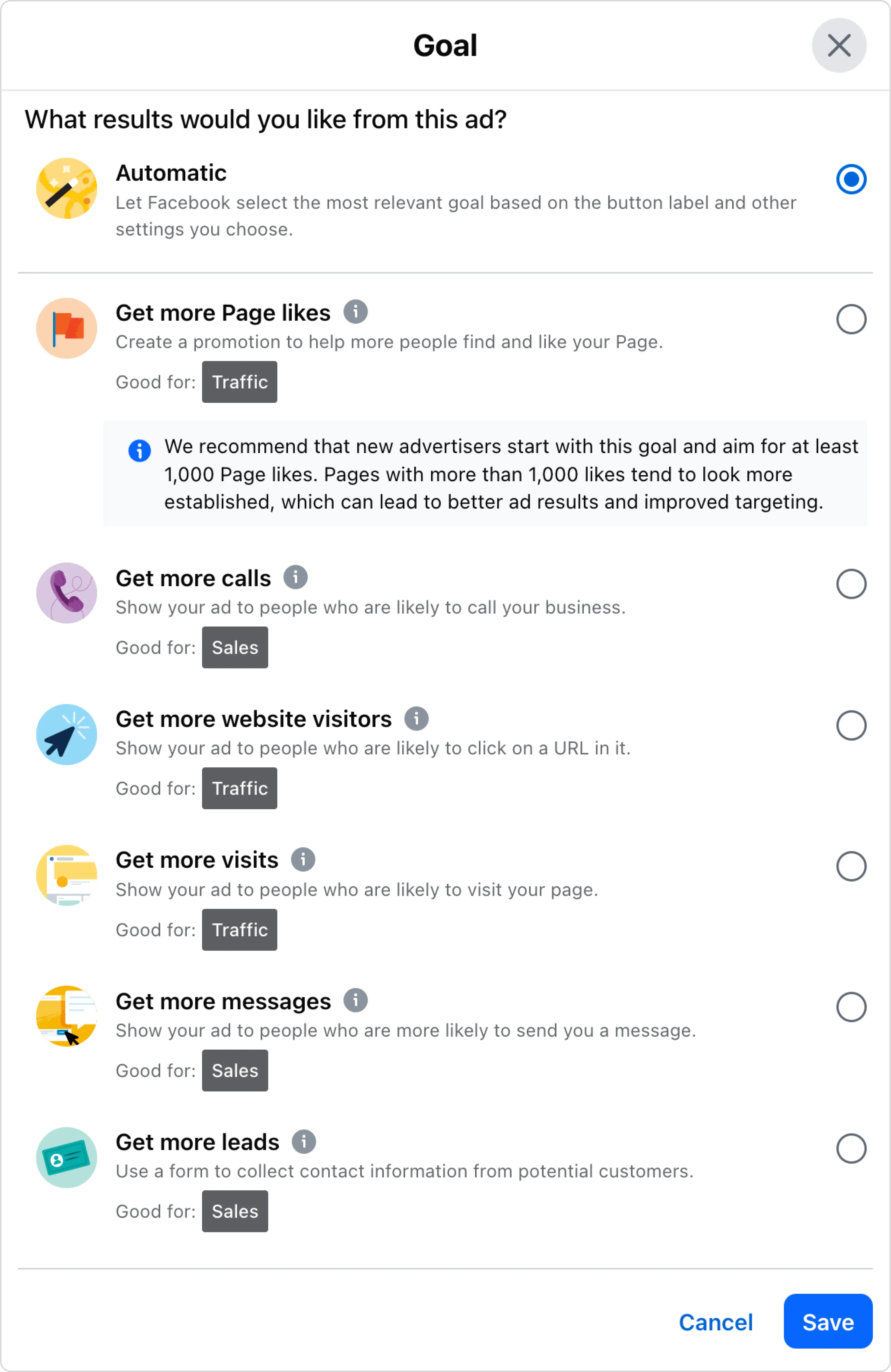 Facebook Boost Post settings showing automatic goal selection option for ad optimization.