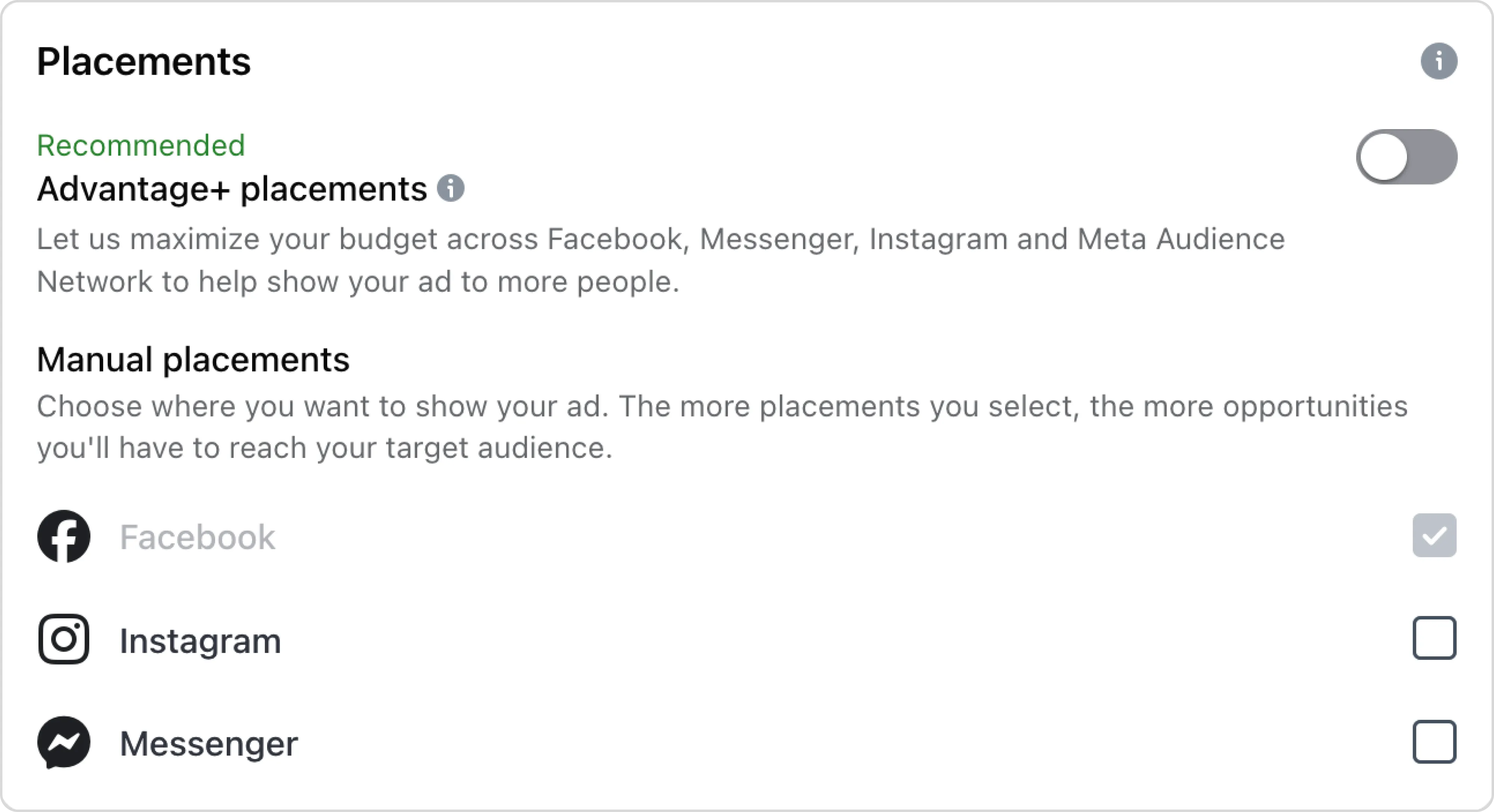 Manual placement settings, showing options to boost ads on Instagram and Messenger.