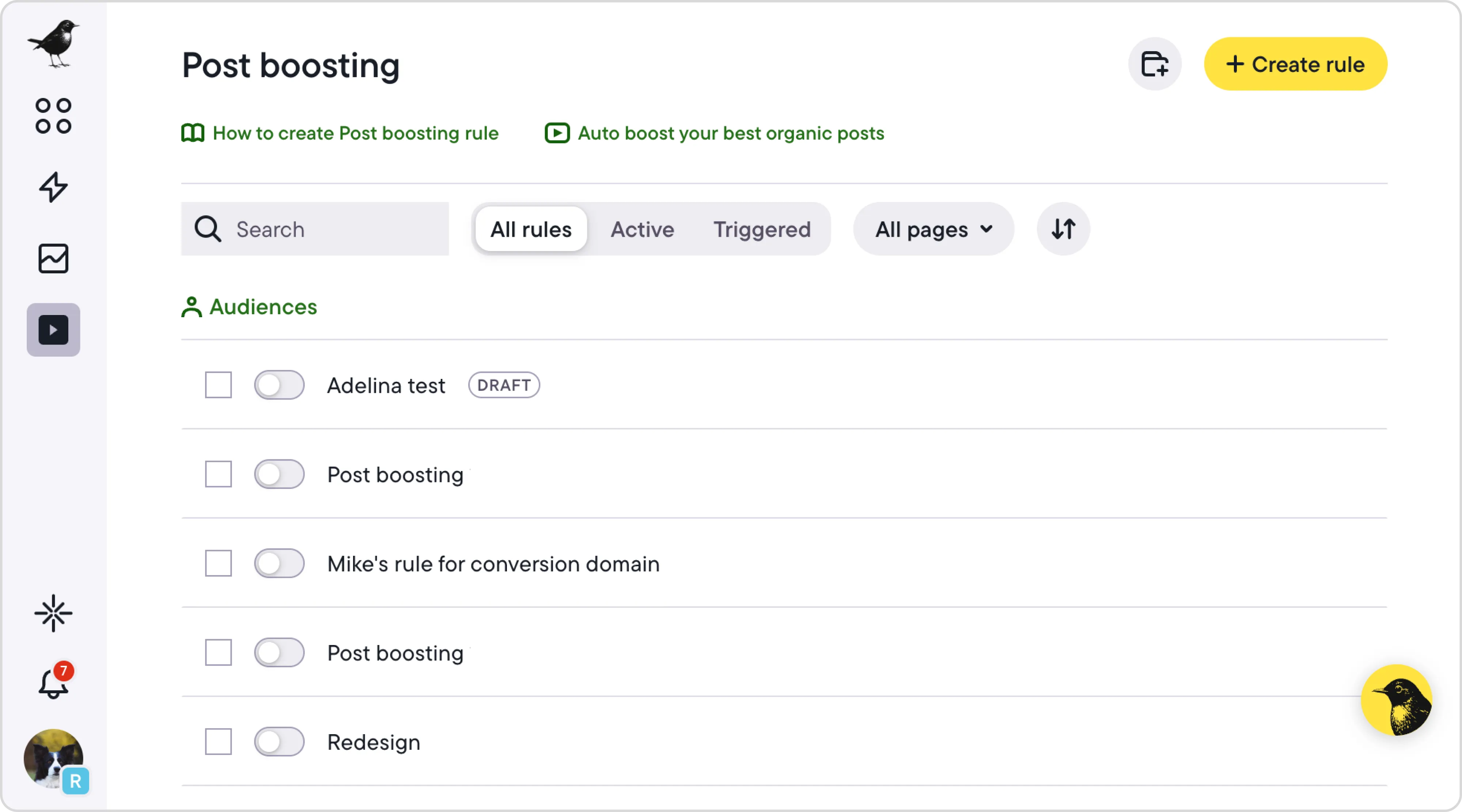 Bïrch dashboard showing automated rules for boosting posts on Facebook using post boosting settings and performance triggers.