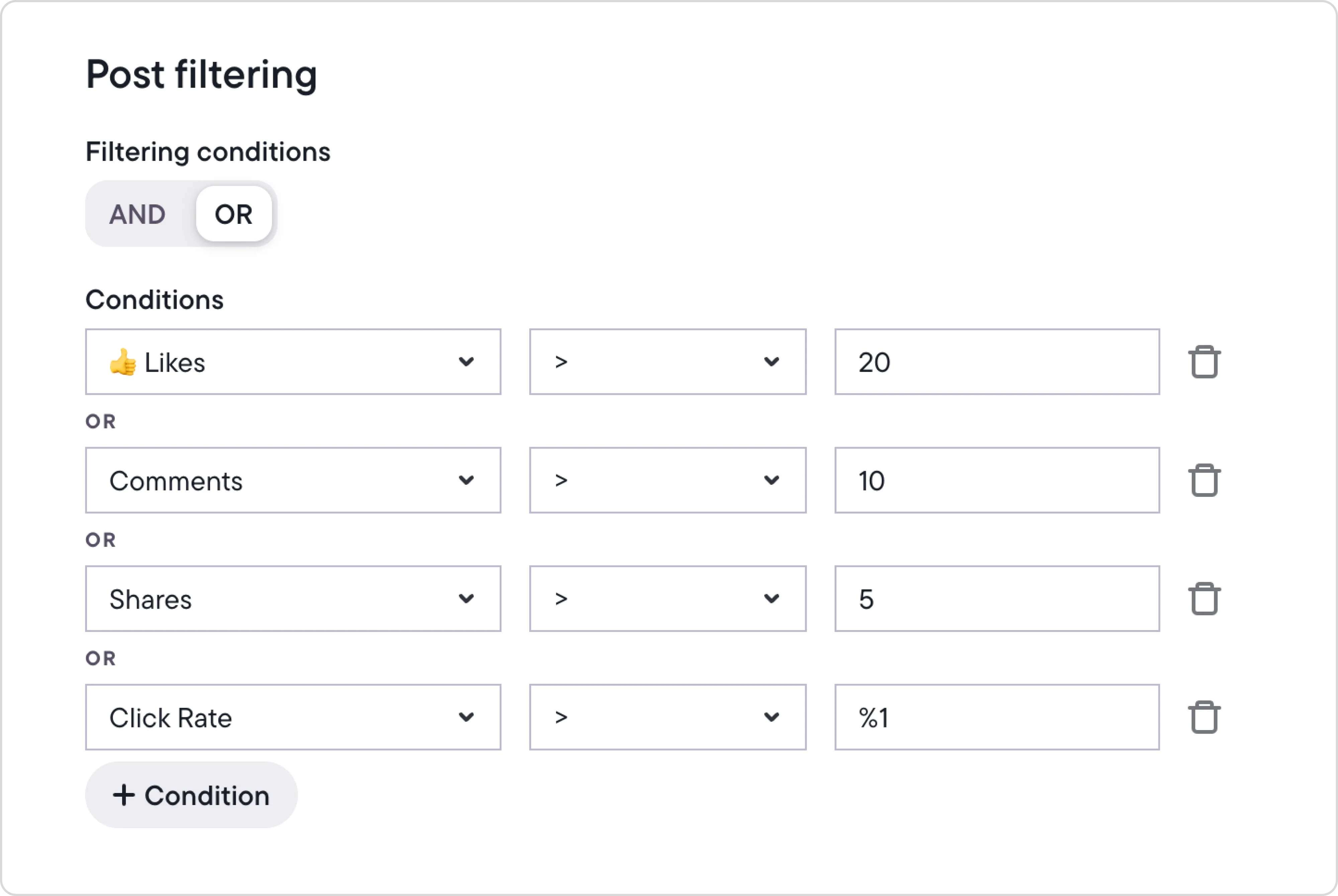 Facebook post boost setup with custom conditions to promote a post based on likes, comments, shares, or click rate.