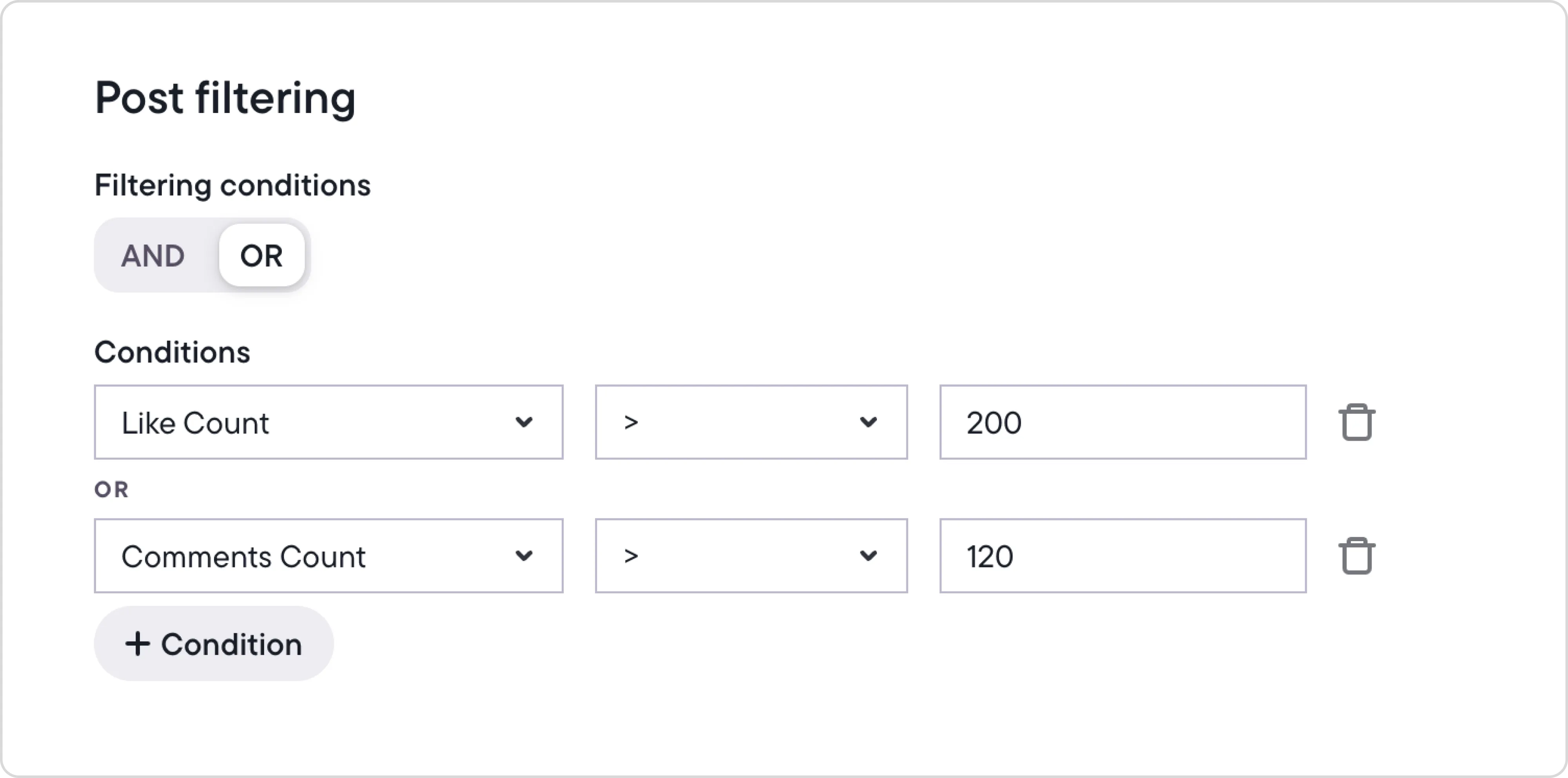 Filtering posts to automatically promote a post when it gets over 200 likes or 120 comments.