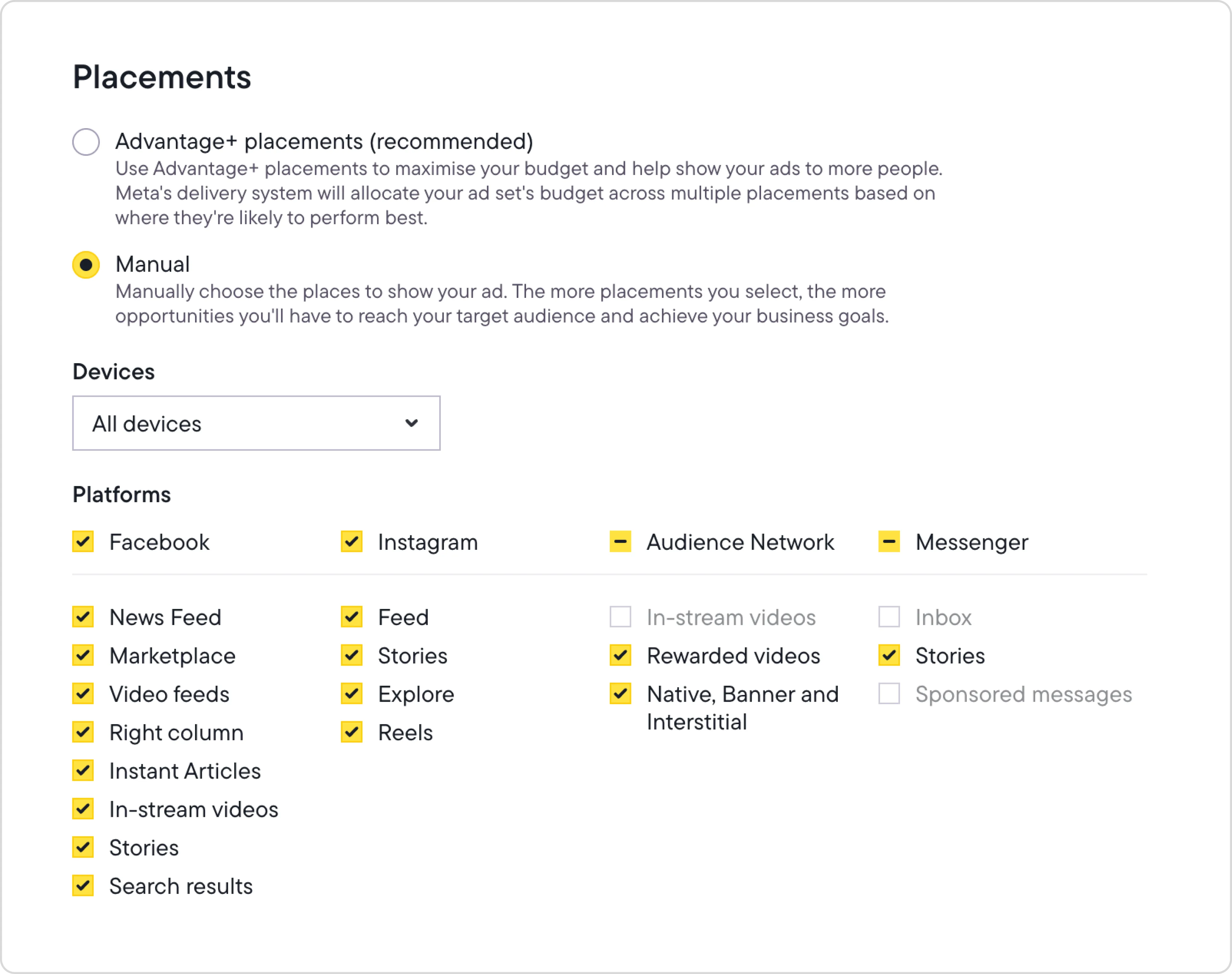 Facebook post boost placement settings showing selected News Feed and unselected options like Stories, Inbox, and Marketplace.