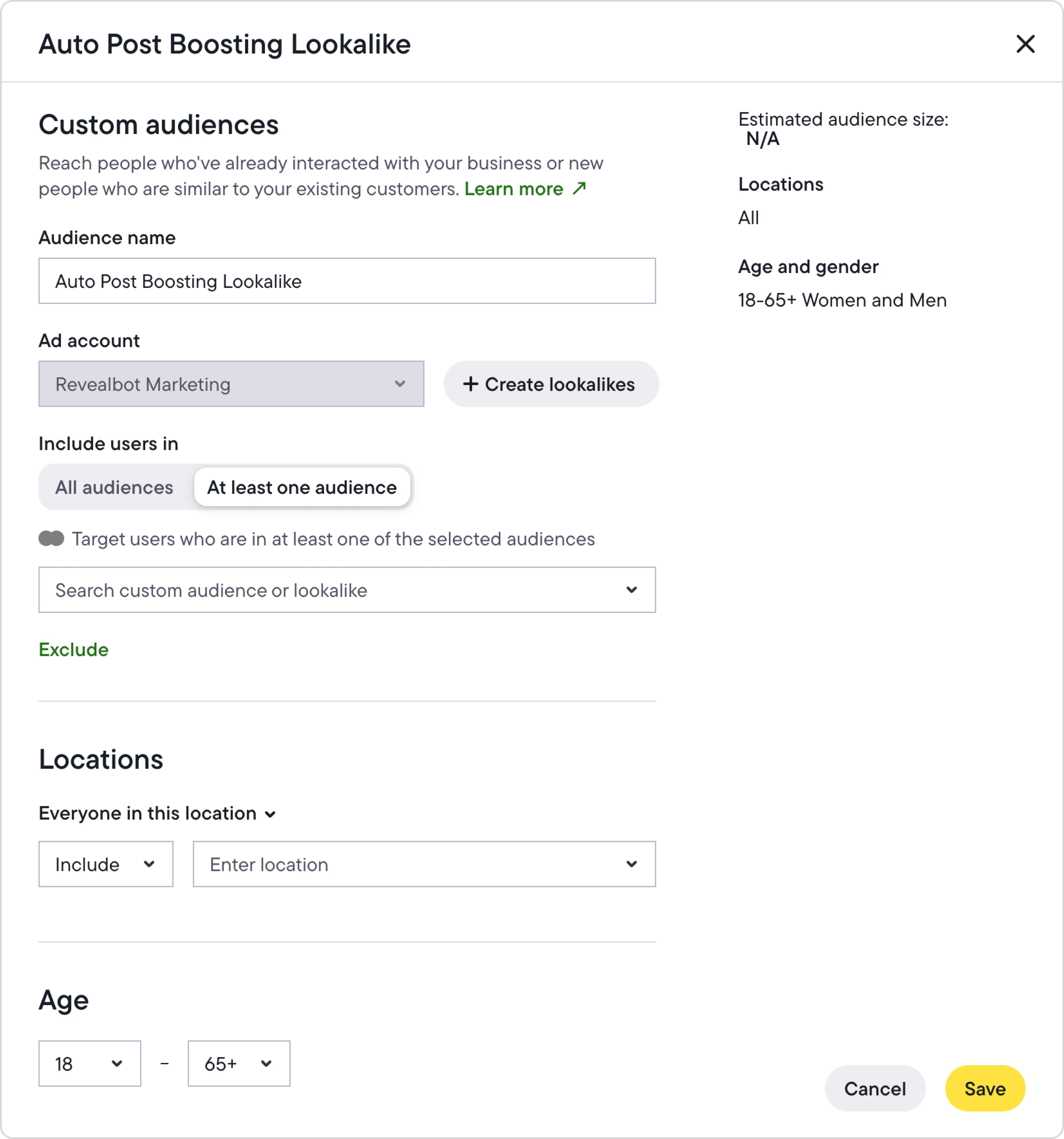 Auto boost post on setup screen showing lookalike audience targeting, with 1.9M estimated reach in the U.S.