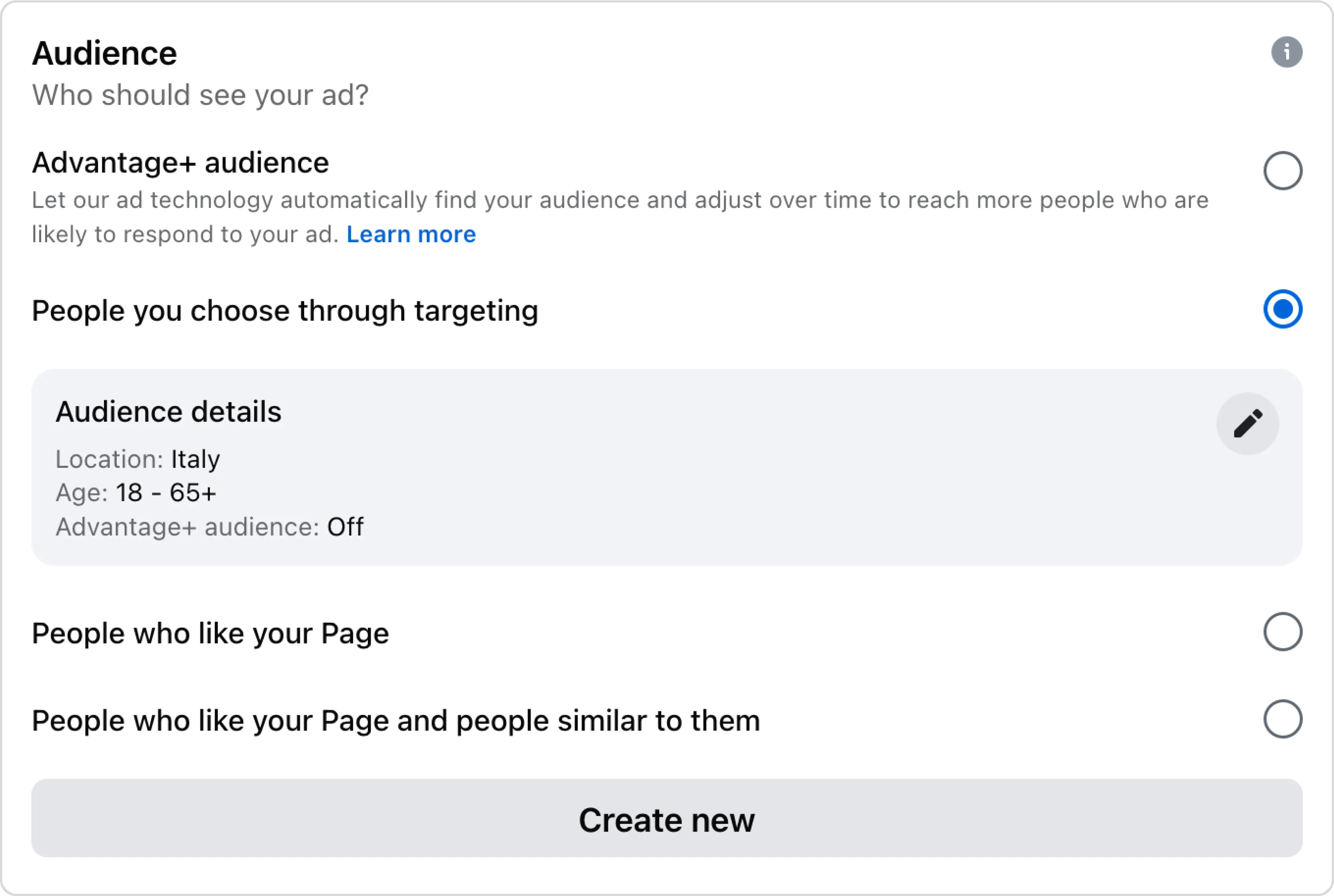 Audience targeting settings for a boosted post, selecting users by location and age for Facebook page promotion.