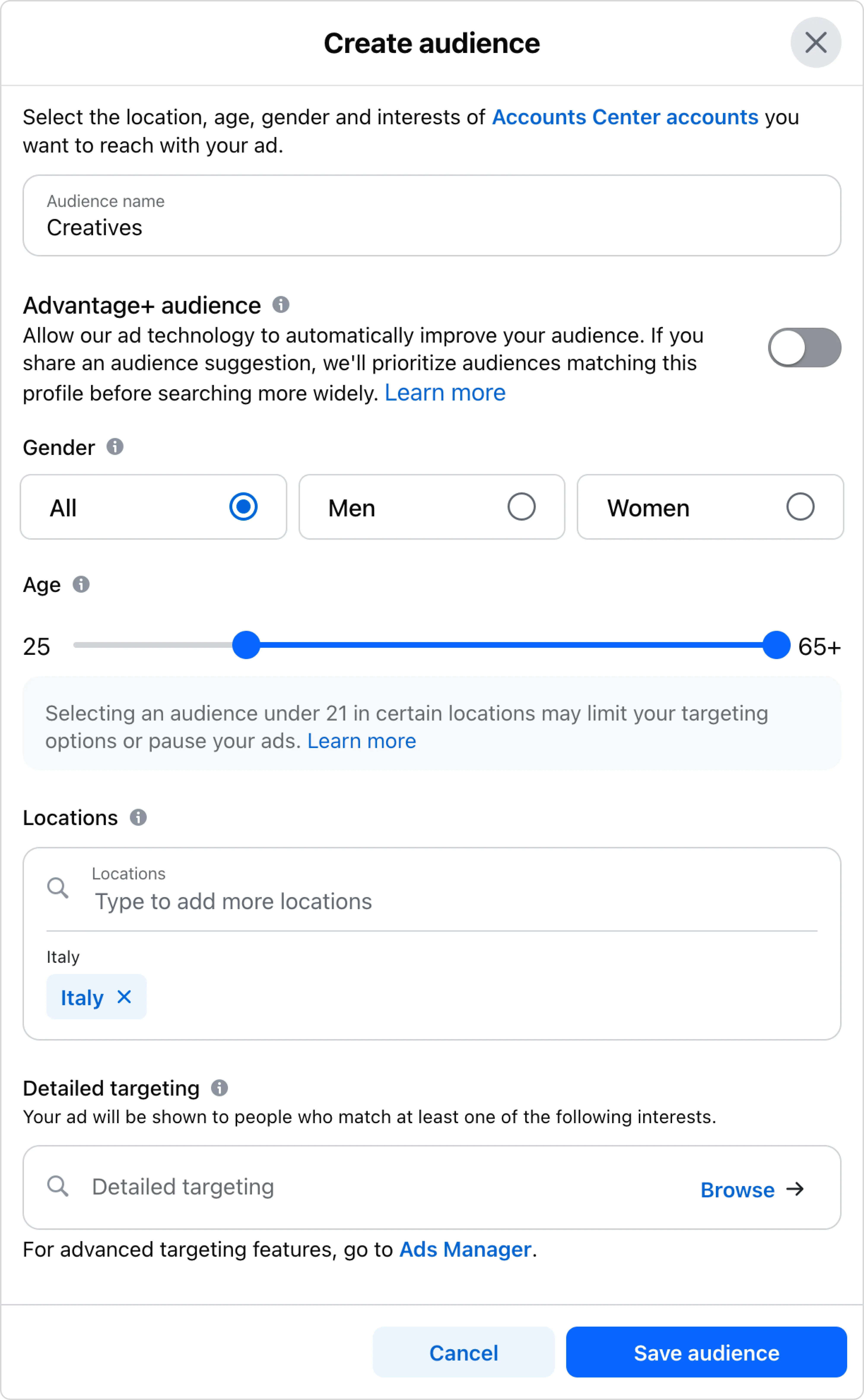 Audience creation screen for boosting posts on Facebook, showing age, gender, location, and targeting options.