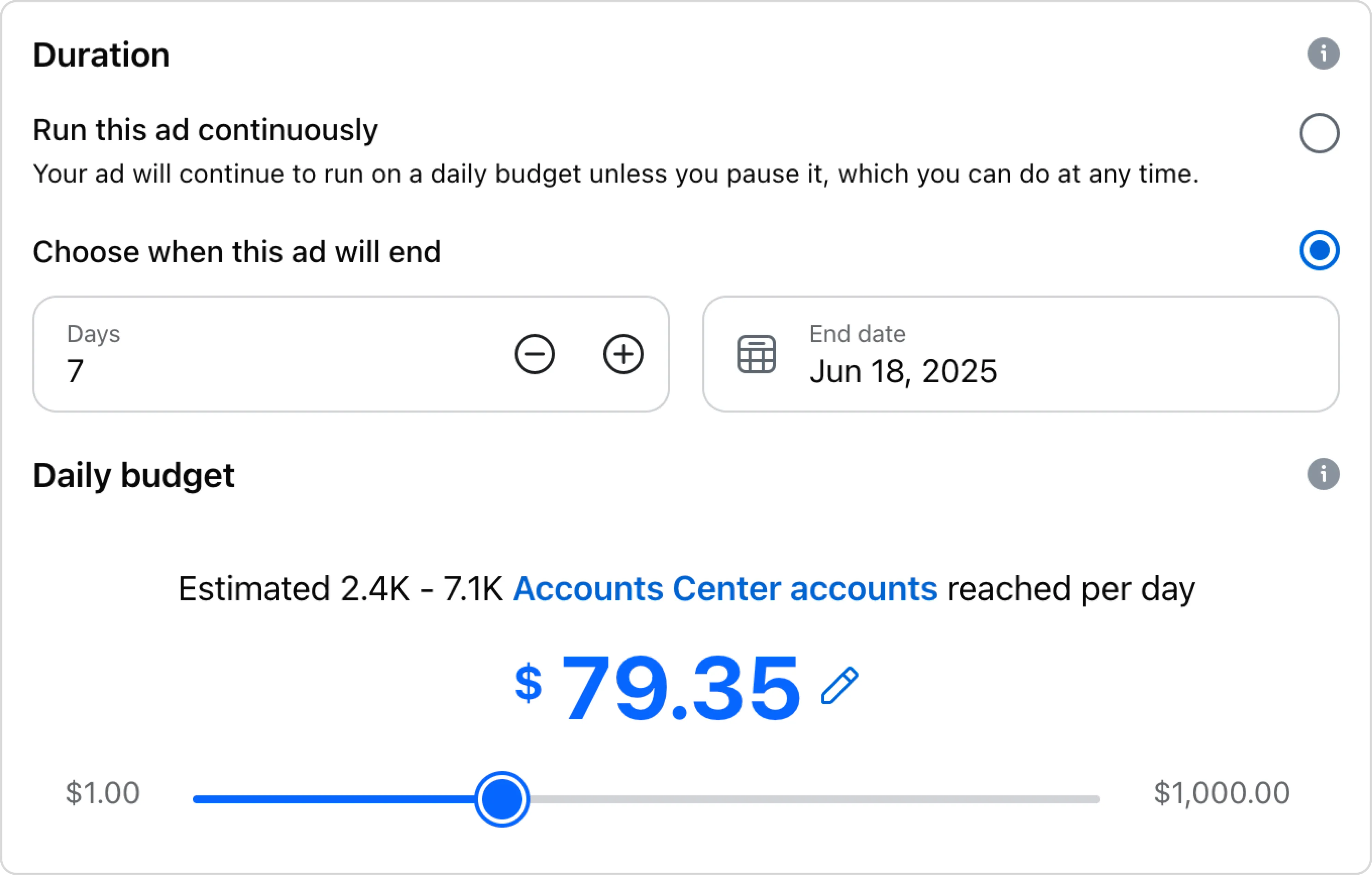 Facebook boost post cost settings showing budget of $79.35 and estimated daily reach during a 7-day promotion.