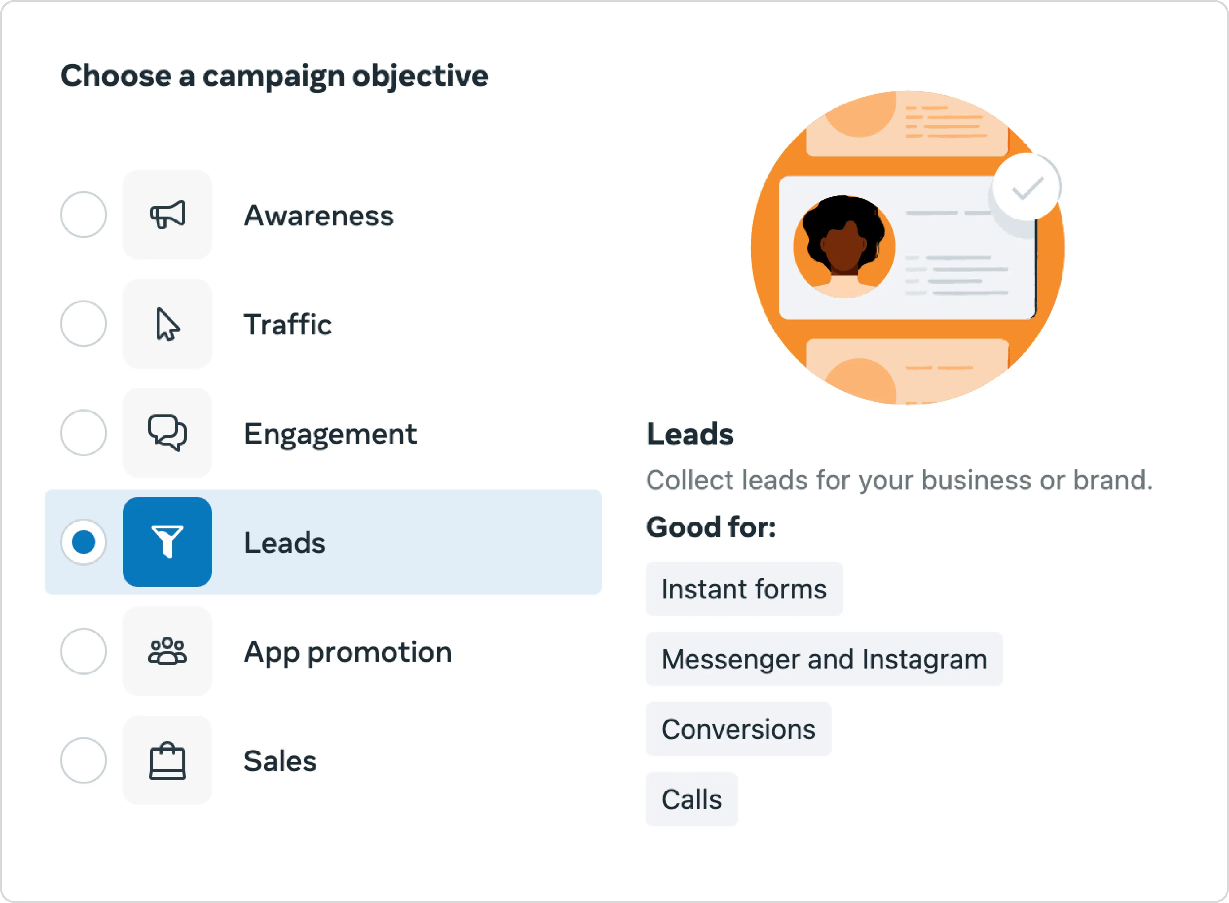 Facebook ad campaign objective menu highlighting the Leads option