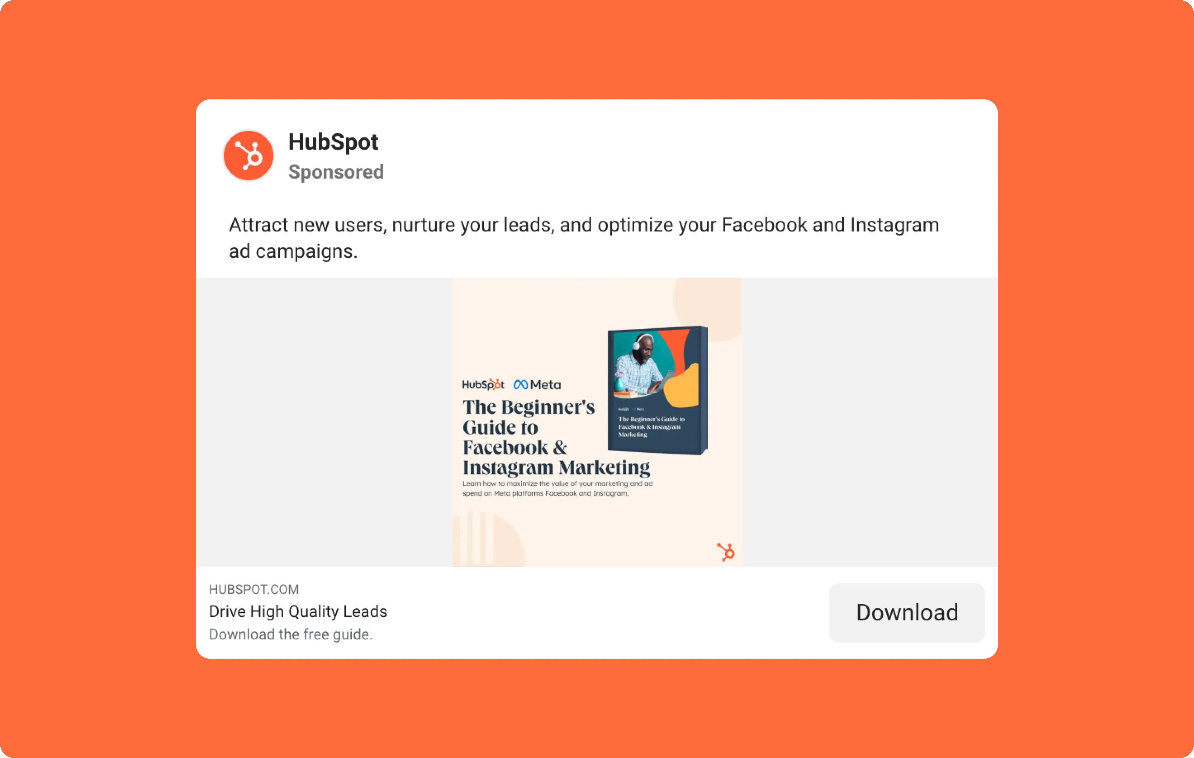 ‍HubSpot Facebook ad promoting a free guide on Facebook and Instagram marketing for beginners.