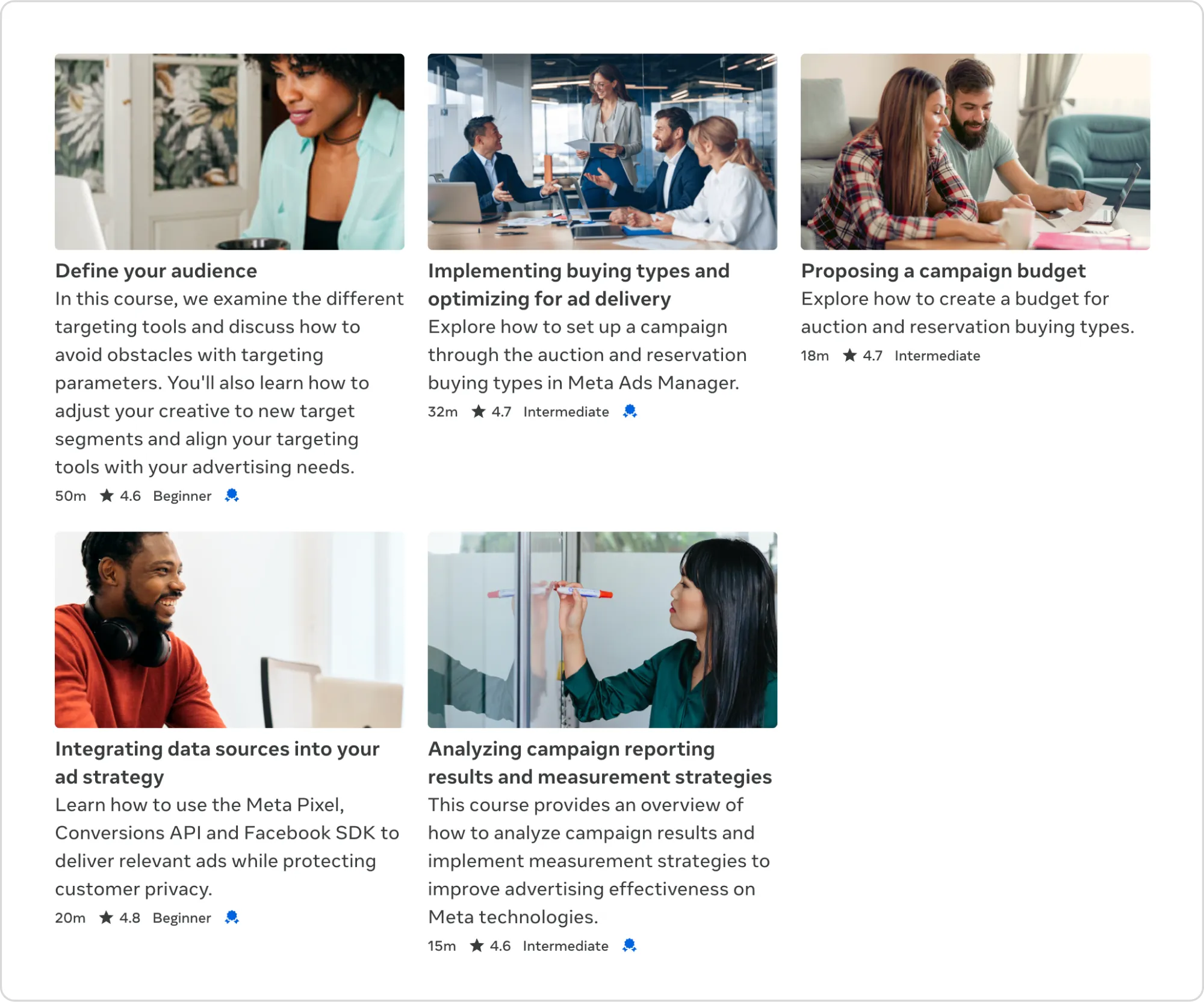 Overview of online courses for the Certified Media Planning Professional in Meta Blueprint