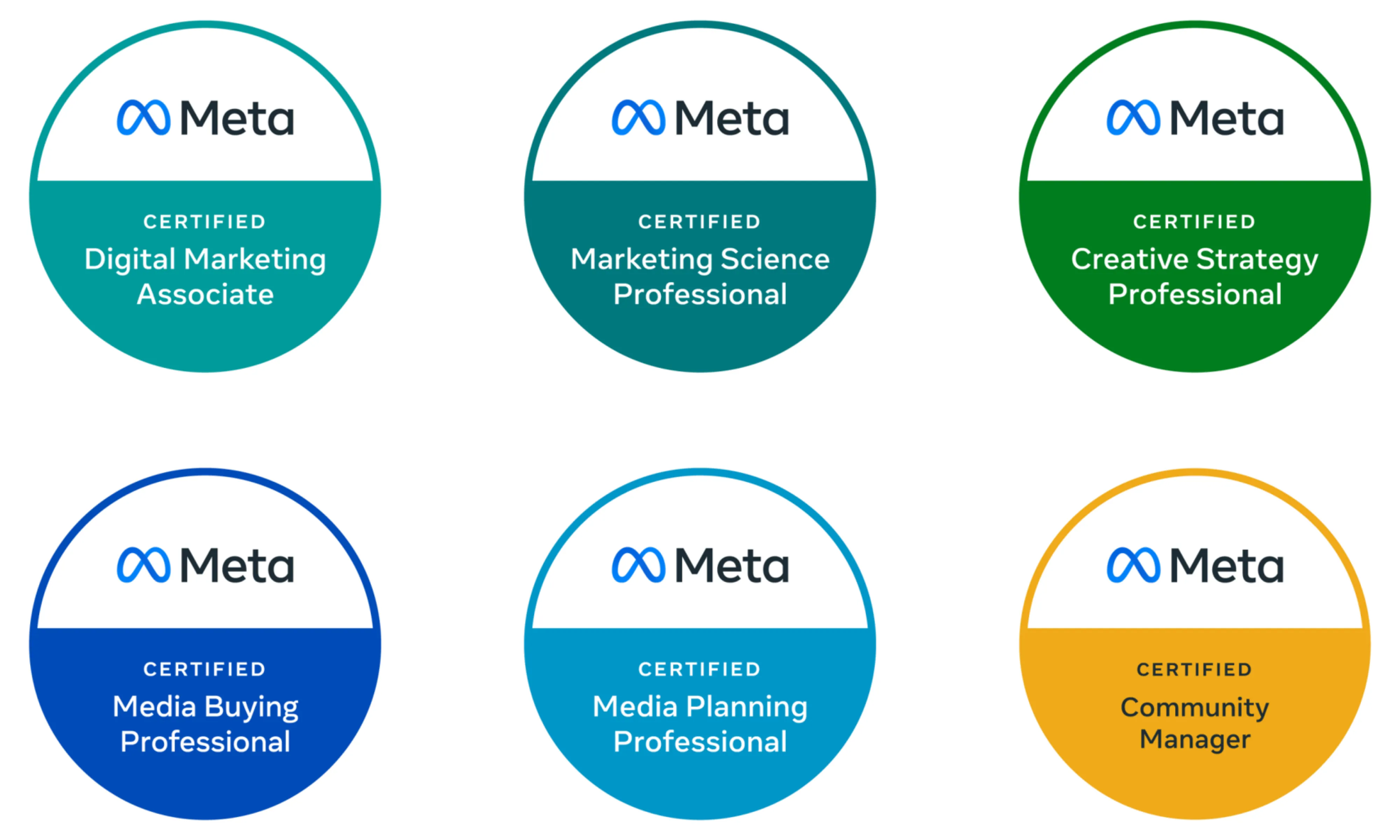 Meta Blueprint certification badges for Media Planning, Media Buying, Marketing Science Professional, and three more.